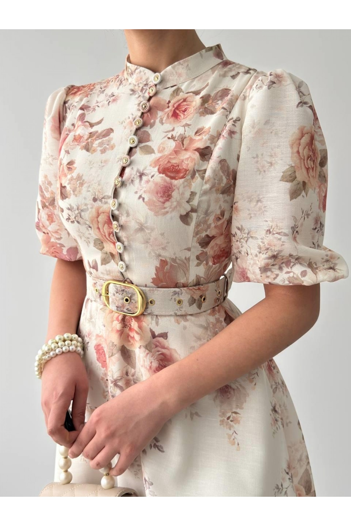 PANA KEMERLİ ELBİSE ETK-00649-cicek-desen