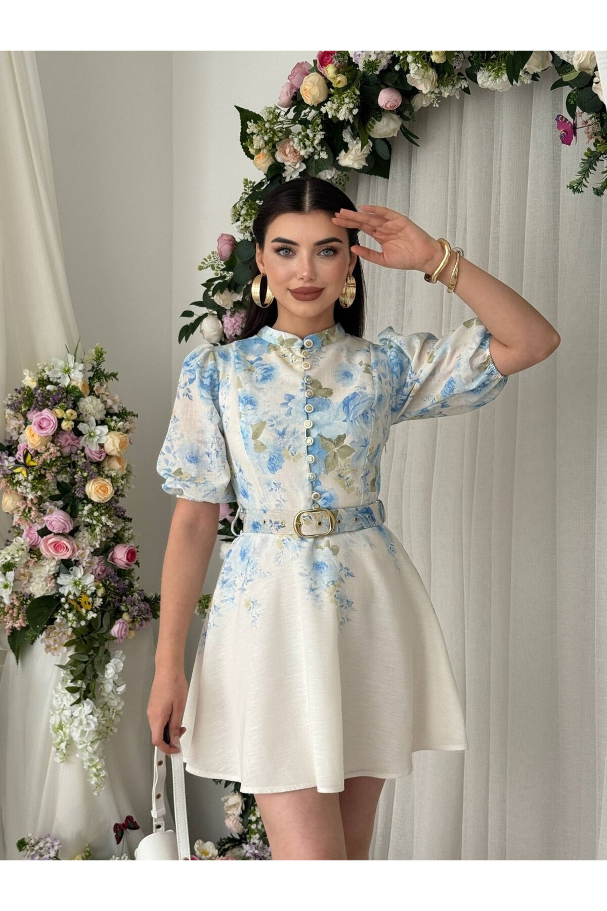 Pana Kemer Detaylı Elbise ETK-00649-cicek-desen-mavi