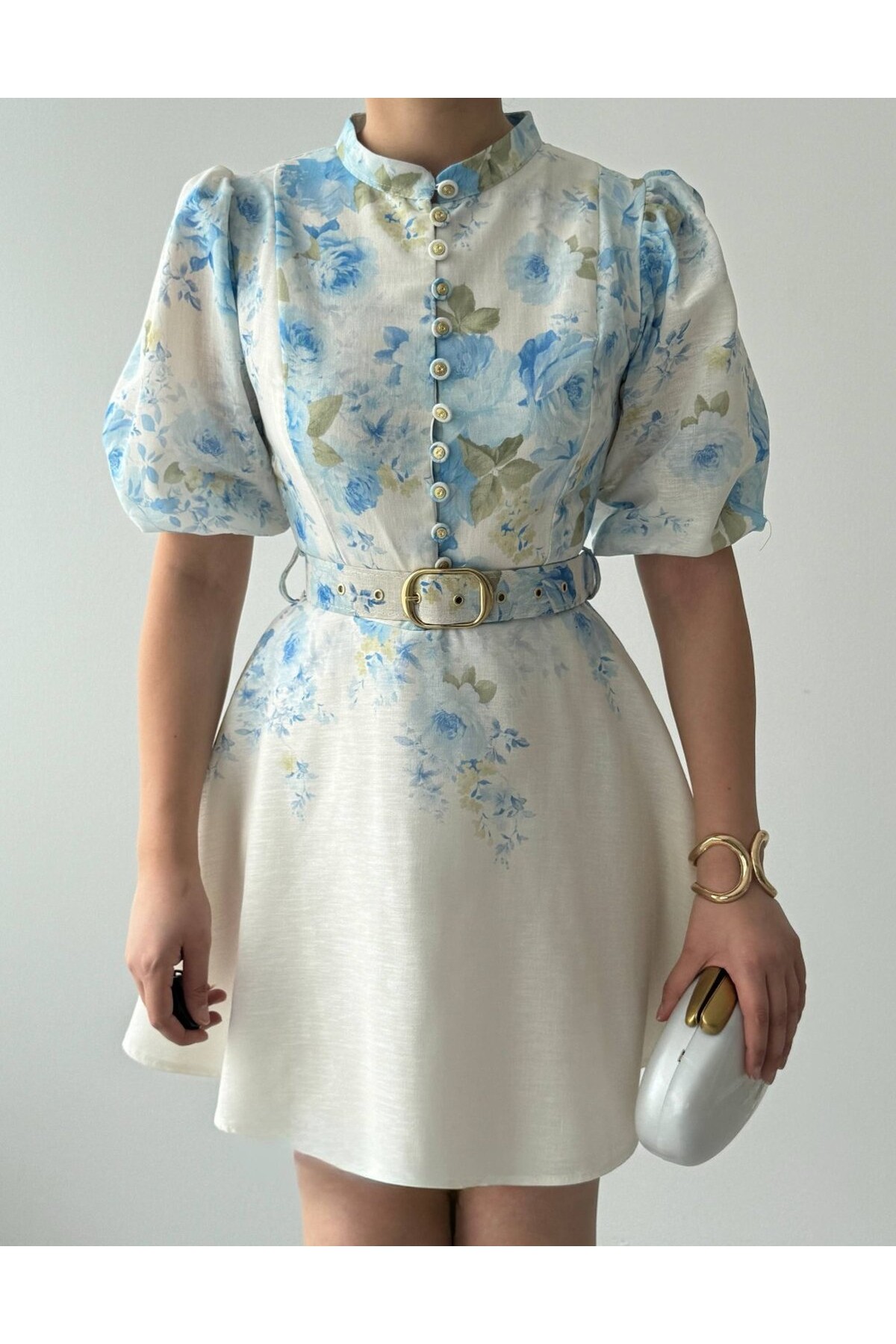 Pana Kemer Detaylı Elbise ETK-00649-cicek-desen-mavi