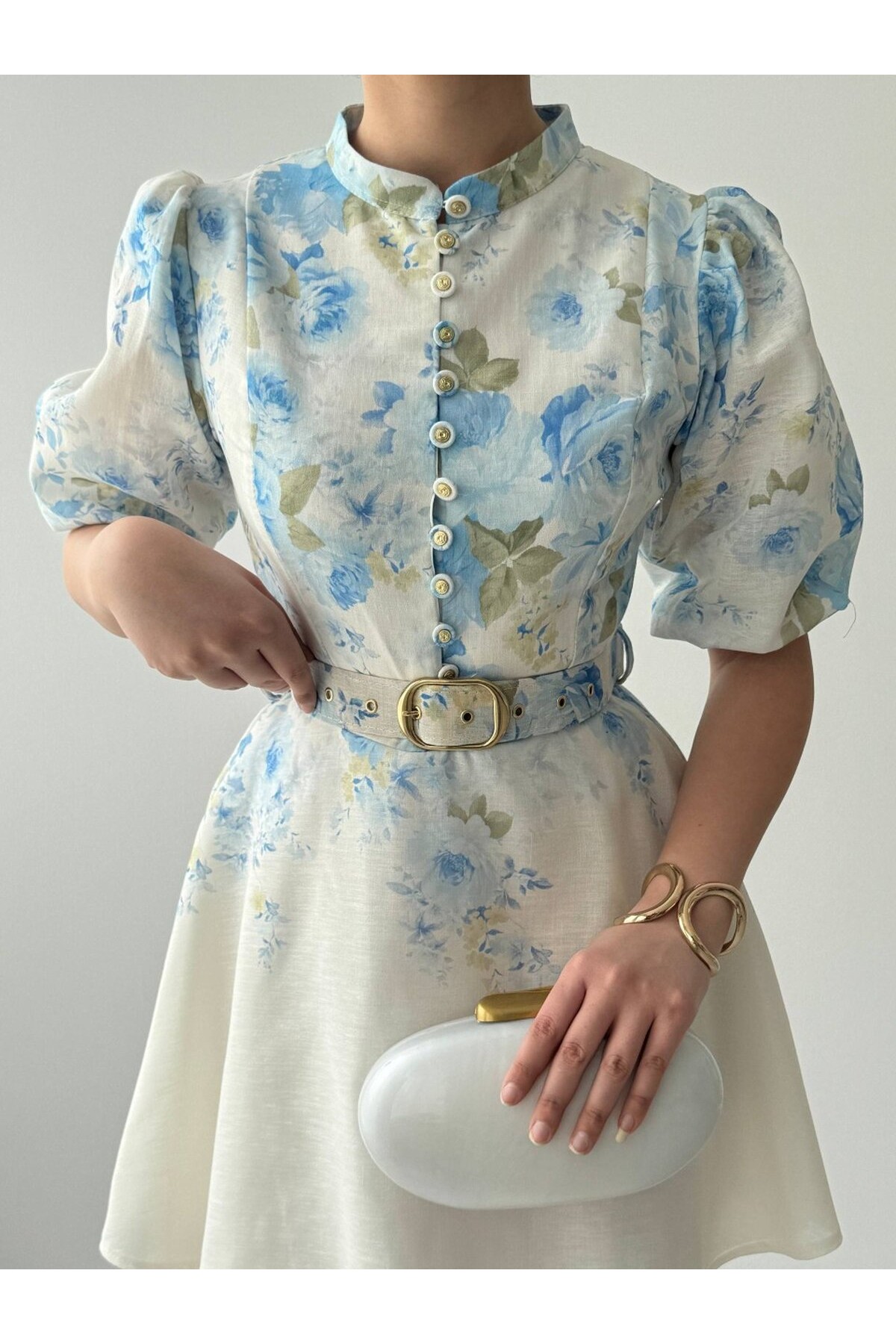 Pana Kemer Detaylı Elbise ETK-00649-cicek-desen-mavi