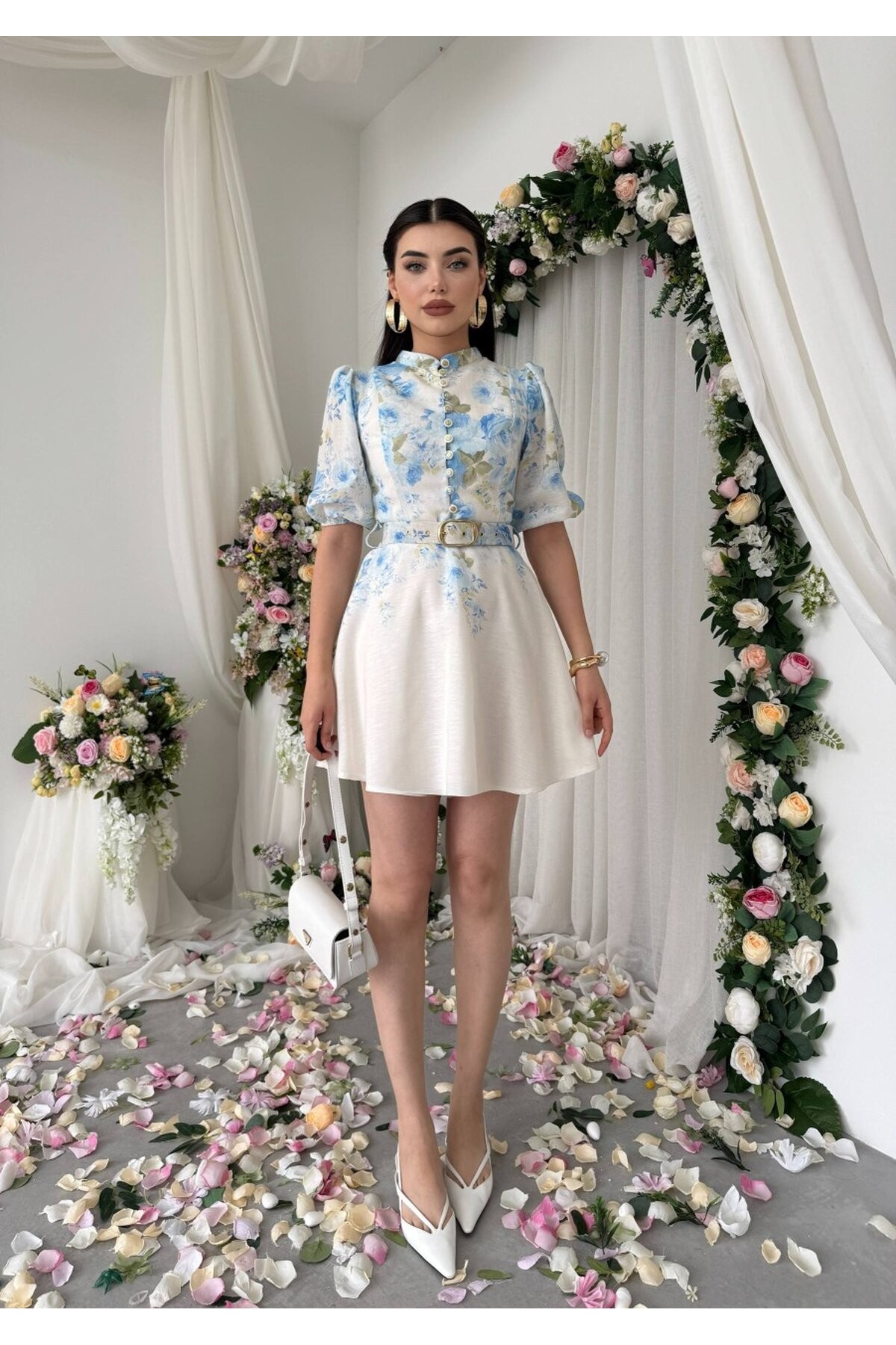 Pana Kemer Detaylı Elbise ETK-00649-cicek-desen-mavi