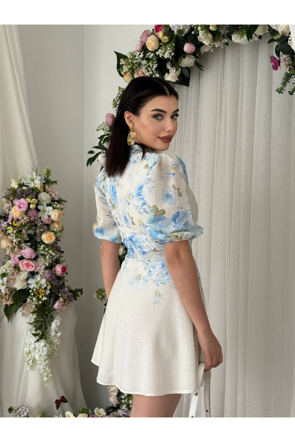 Pana Kemer Detaylı Elbise ETK-00649-cicek-desen-mavi