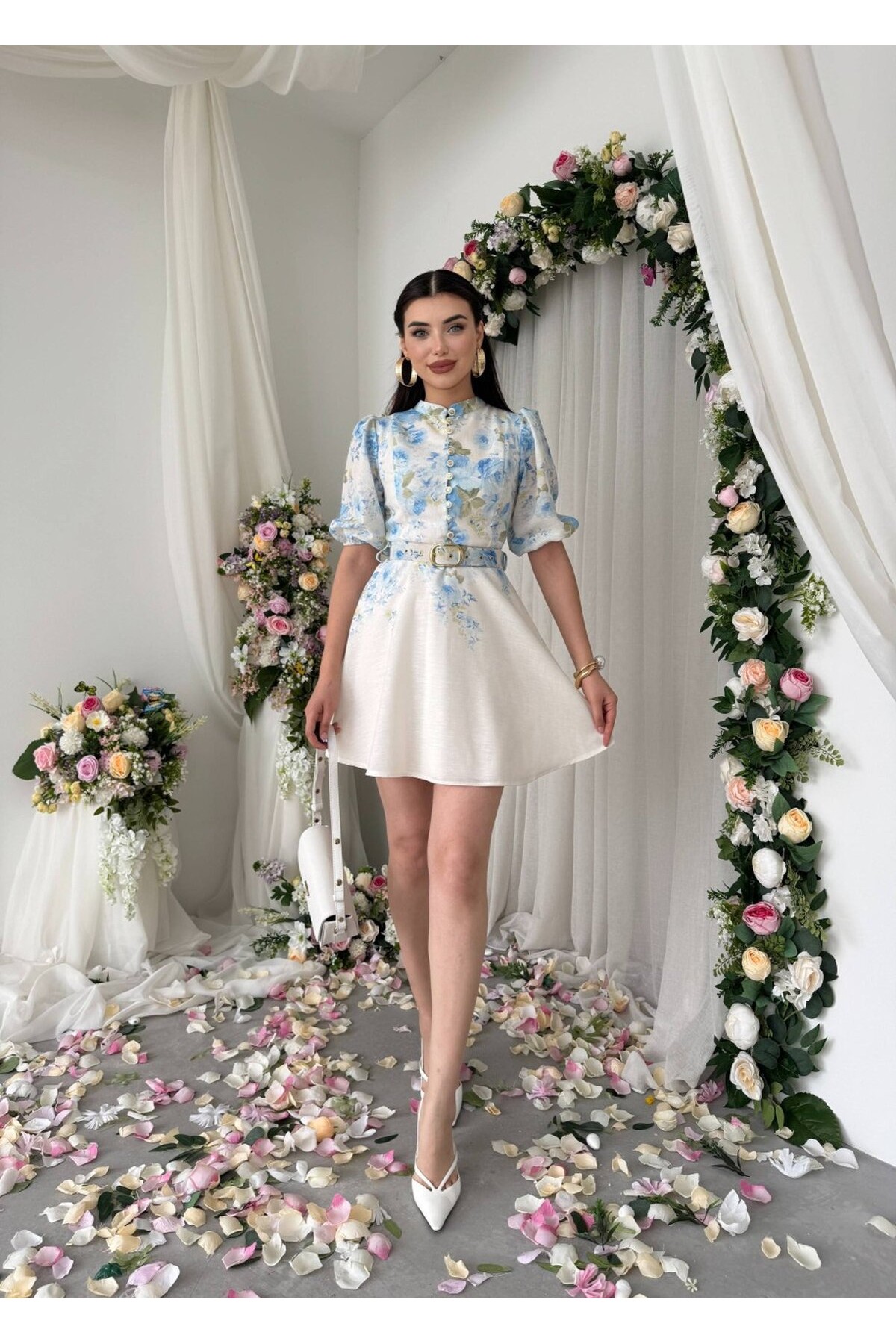 Pana Kemer Detaylı Elbise ETK-00649-cicek-desen-mavi