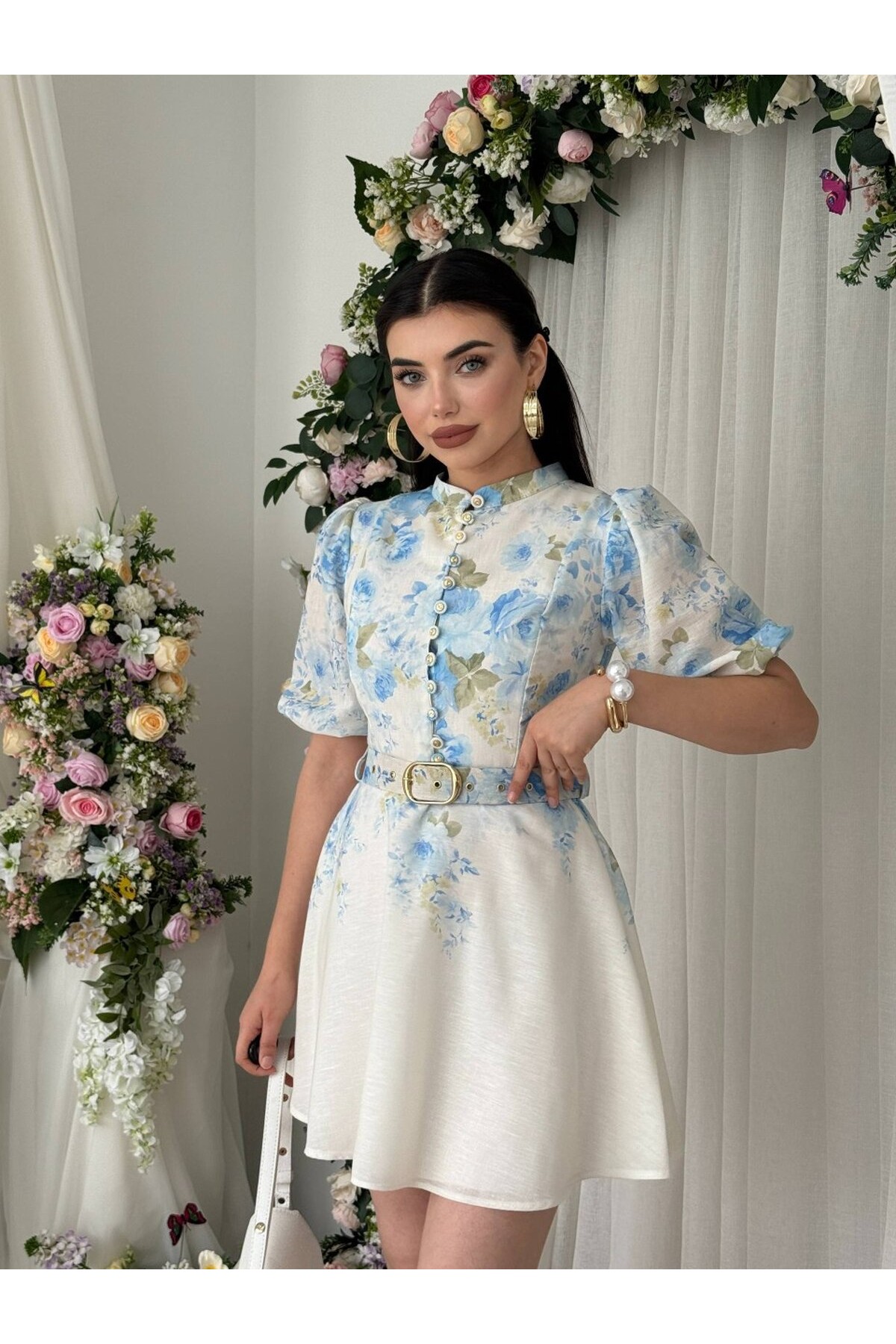 Pana Kemer Detaylı Elbise ETK-00649-cicek-desen-mavi