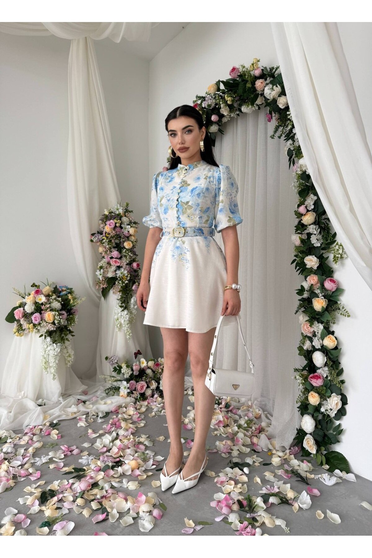 Pana Kemer Detaylı Elbise ETK-00649-cicek-desen-mavi