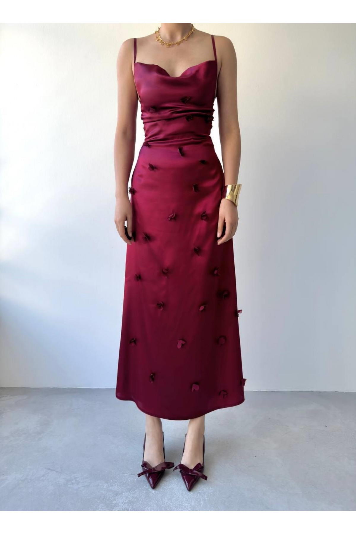 Dora Çiçek Detaylı Elbise ETK-00651-bordo