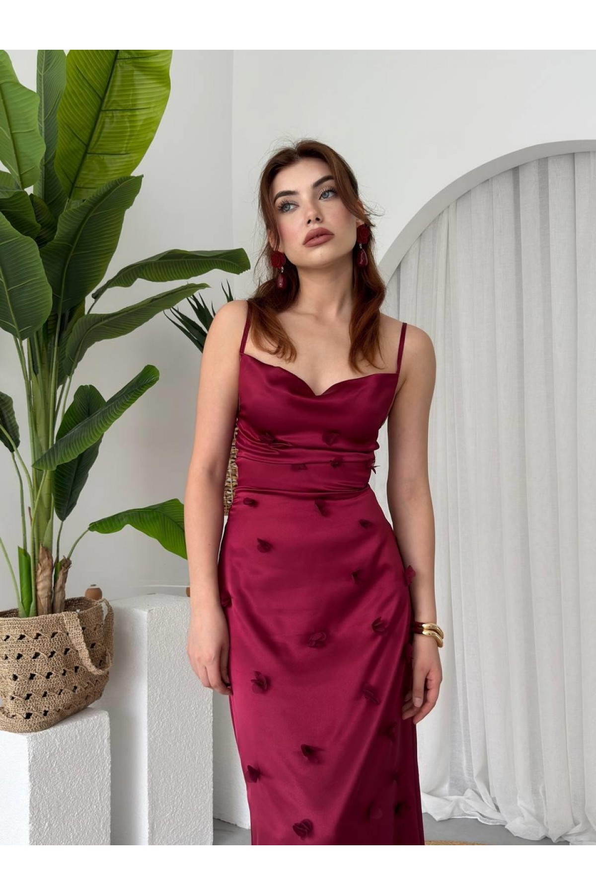 Dora Çiçek Detaylı Elbise ETK-00651-bordo