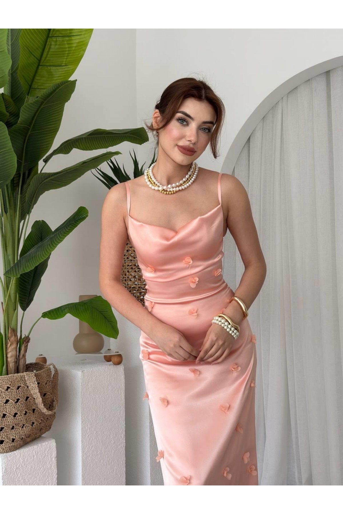 Dora Çiçek Detaylı Elbise ETK-00651-pembe