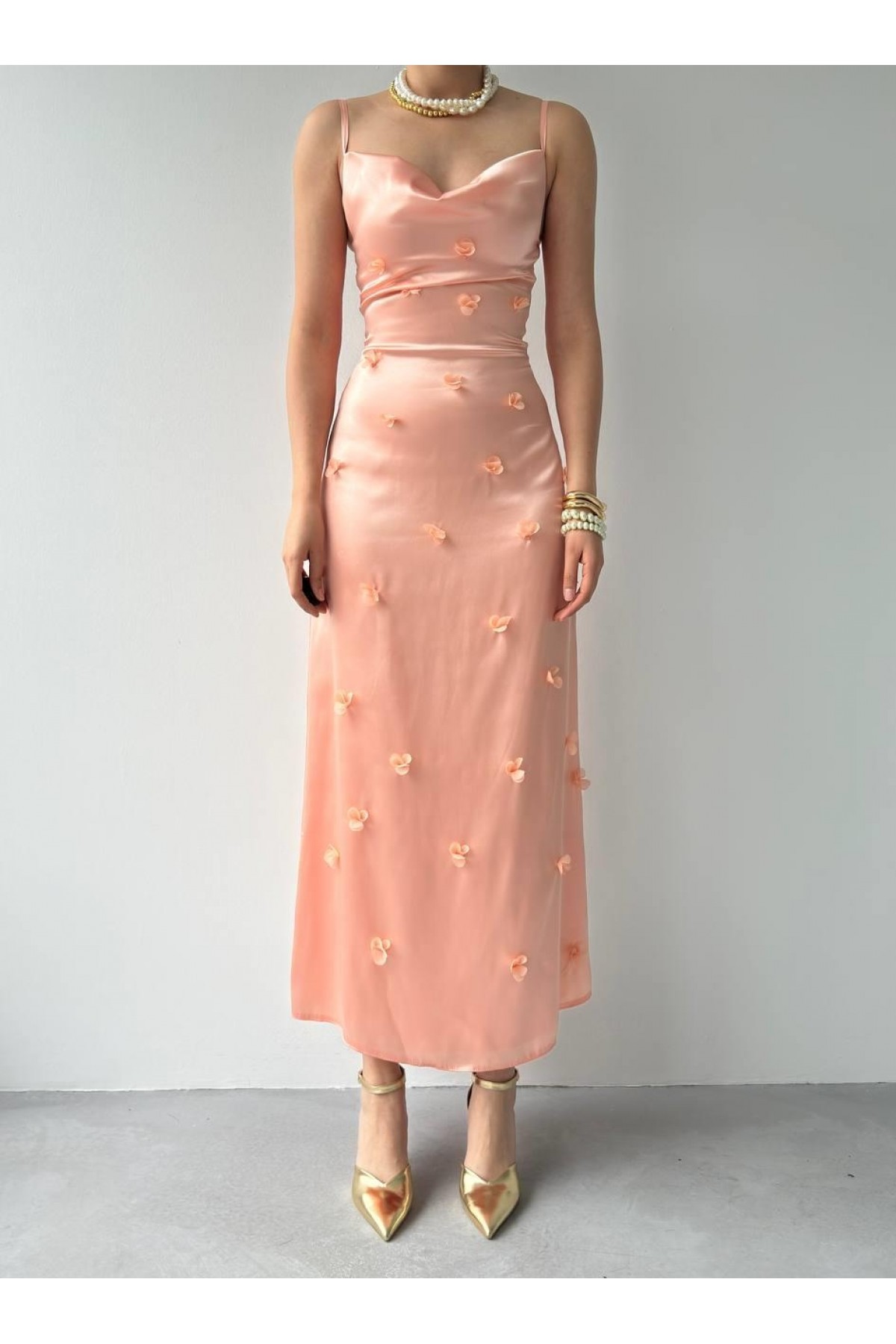 Dora Çiçek Detaylı Elbise ETK-00651-pembe
