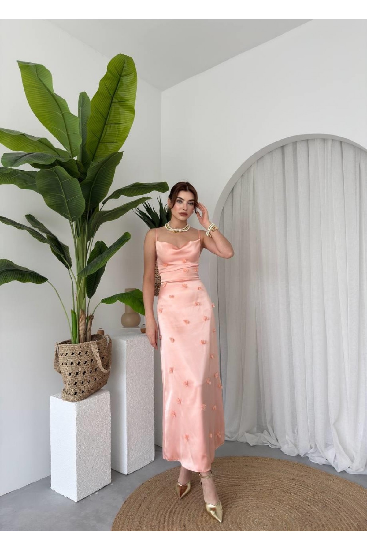 Dora Çiçek Detaylı Elbise ETK-00651-pembe