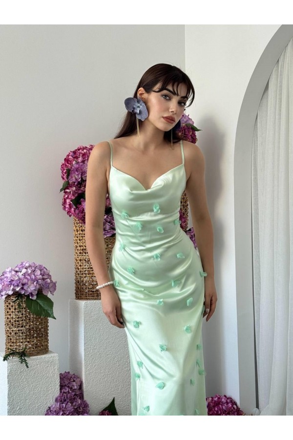 Dora Çiçek Detaylı Elbise ETK-00651-yesil