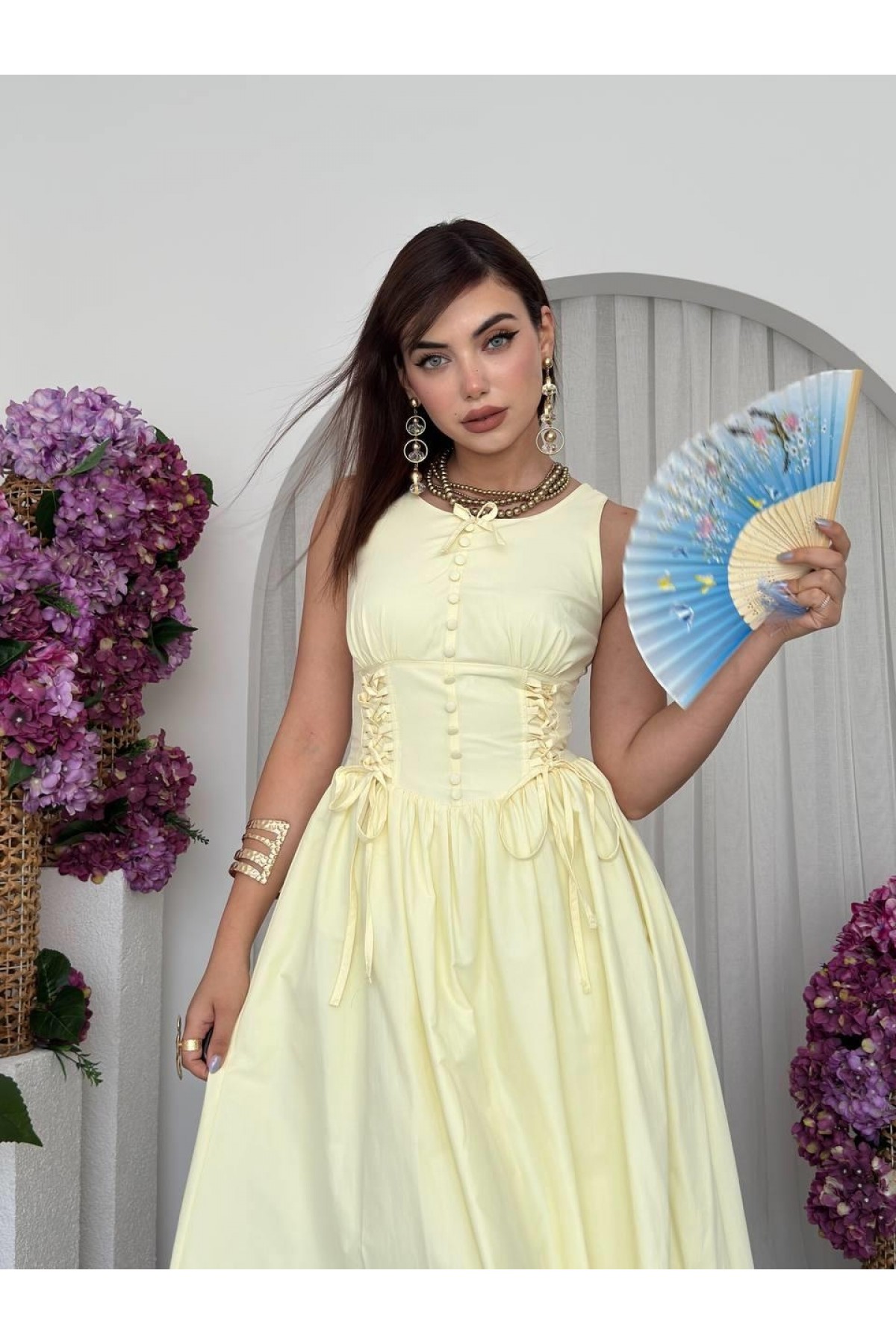 Lulo Bağcık Detaylı Elbise ETK-00702-sari