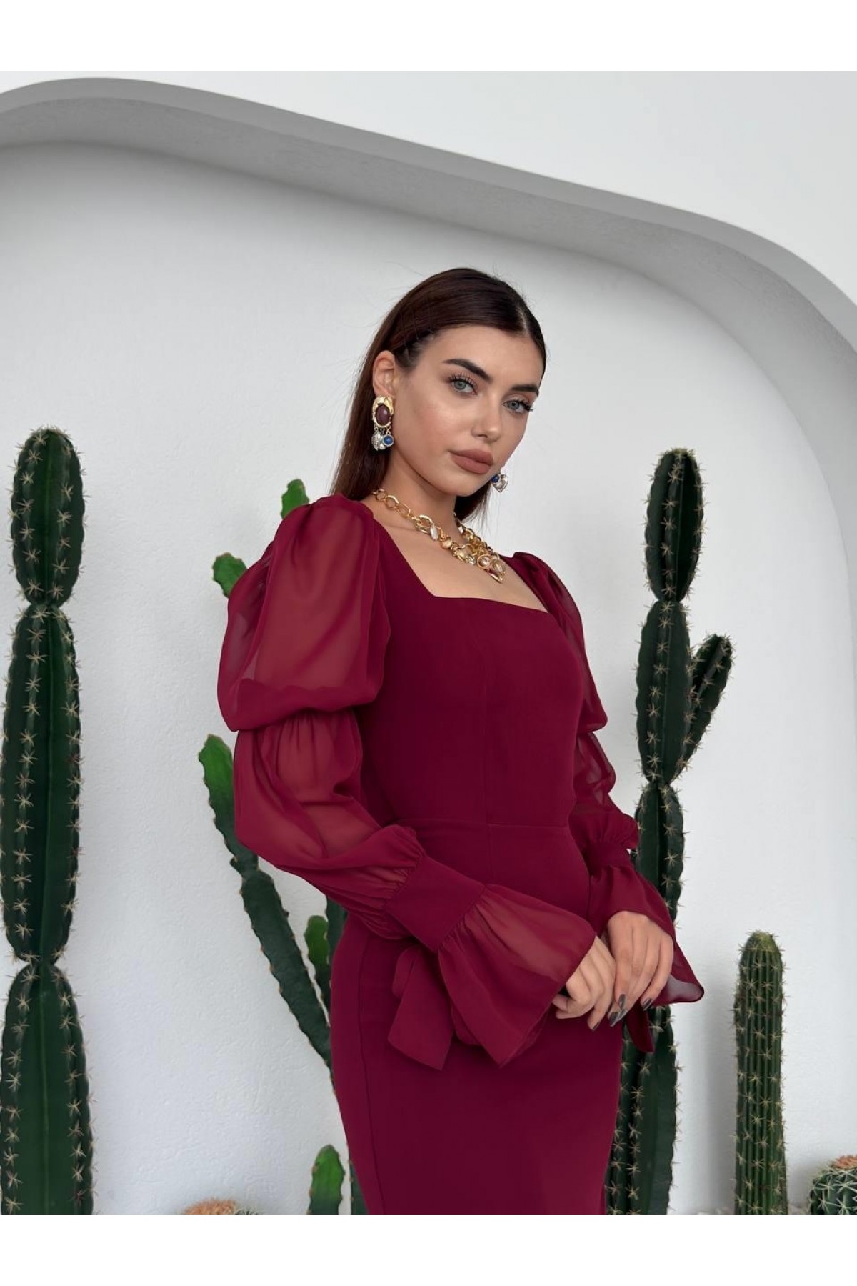 Hare Kolları Fırfır Detaylı Elbise ETK-00724-bordo