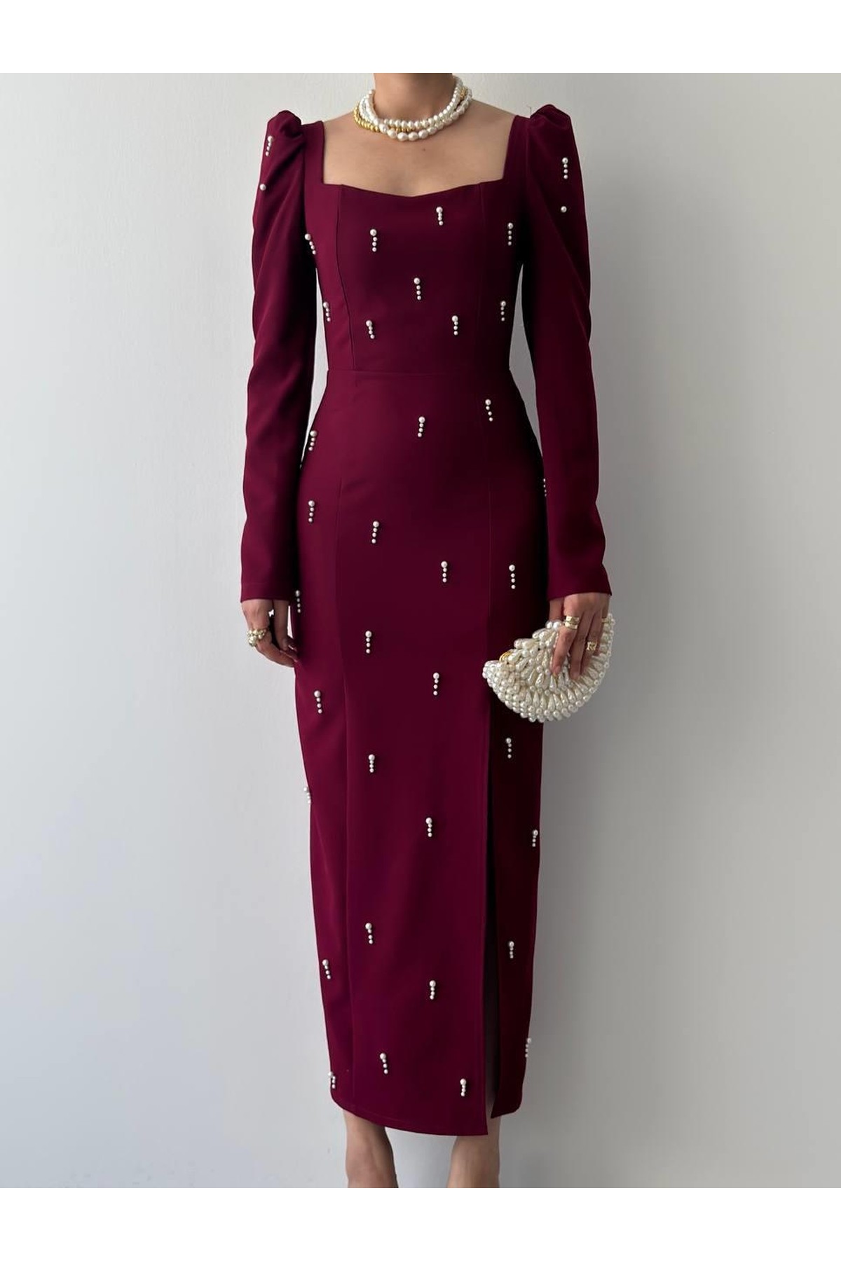 Boe İnci Detaylı Elbise ETK-00755-bordo