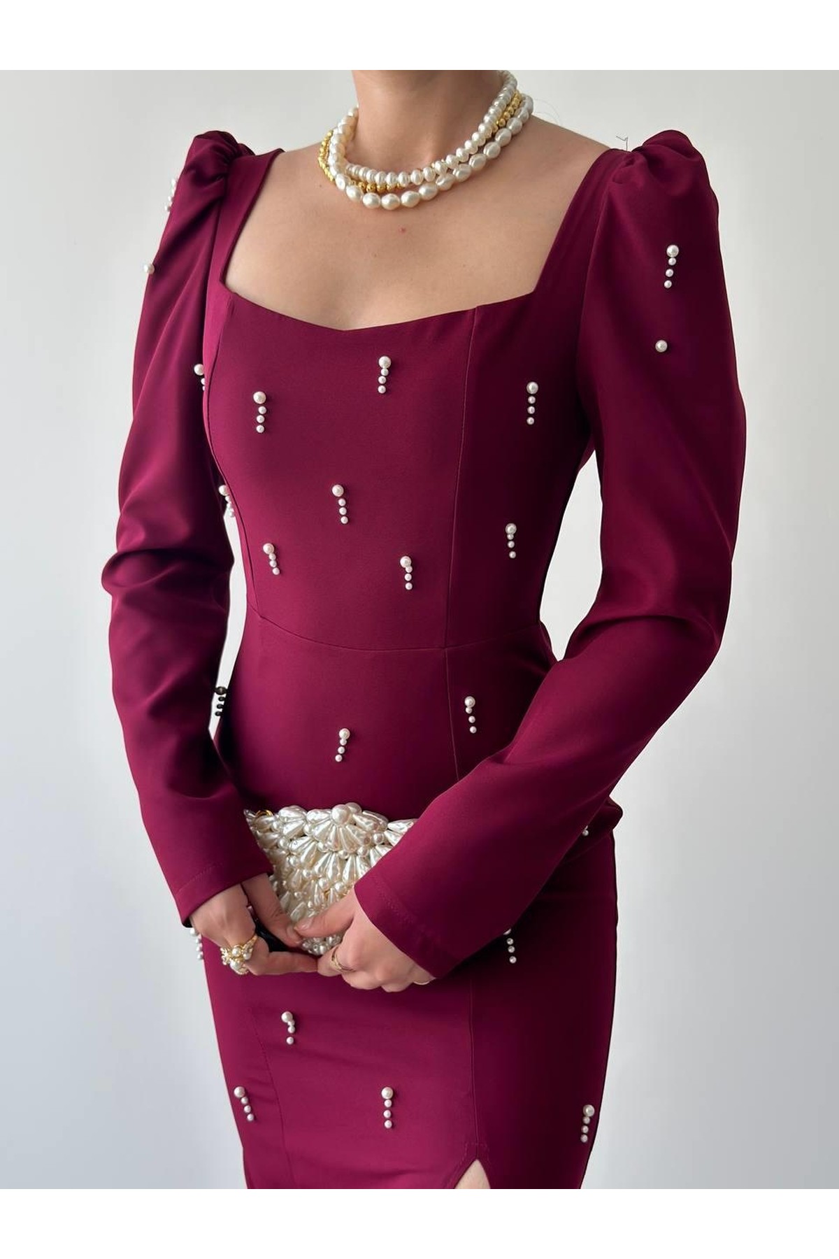 Boe İnci Detaylı Elbise ETK-00755-bordo