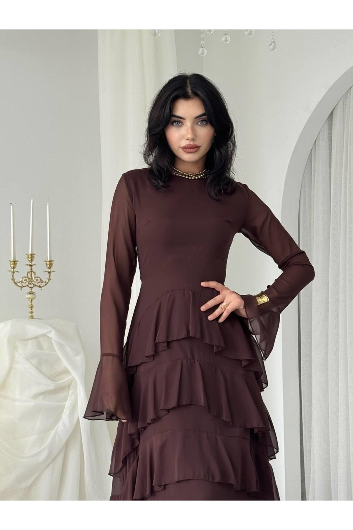 Ery Midi Elbise ETK-00769-kahve