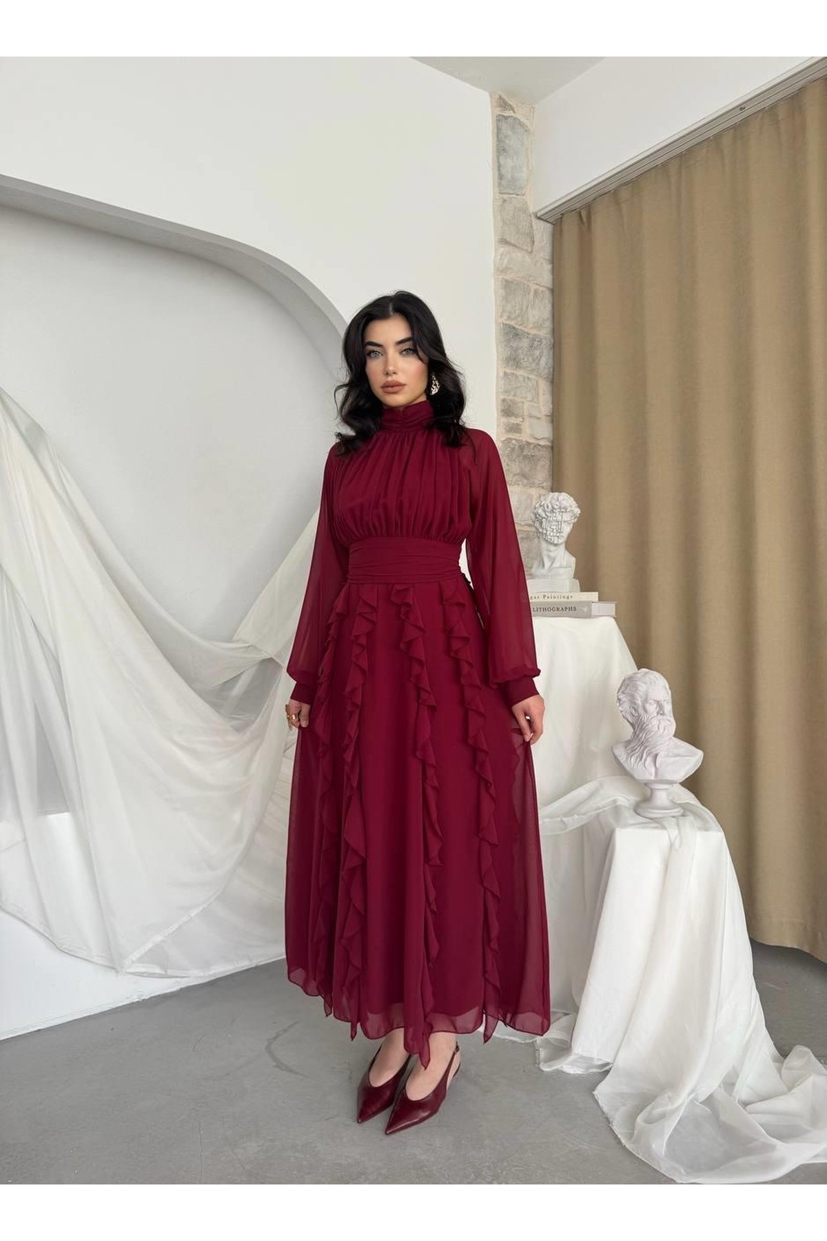 Amra Fırfırlı Elbise ETK-00796-bordo
