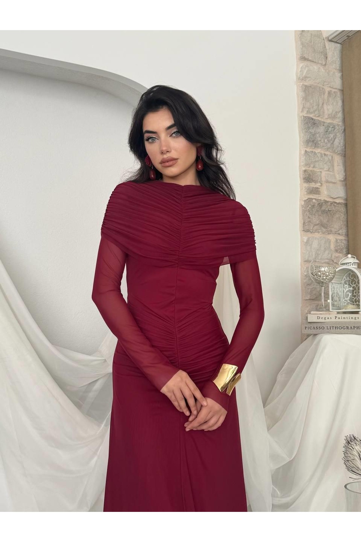 Novia Büzgülü Elbise ETK-00799-bordo