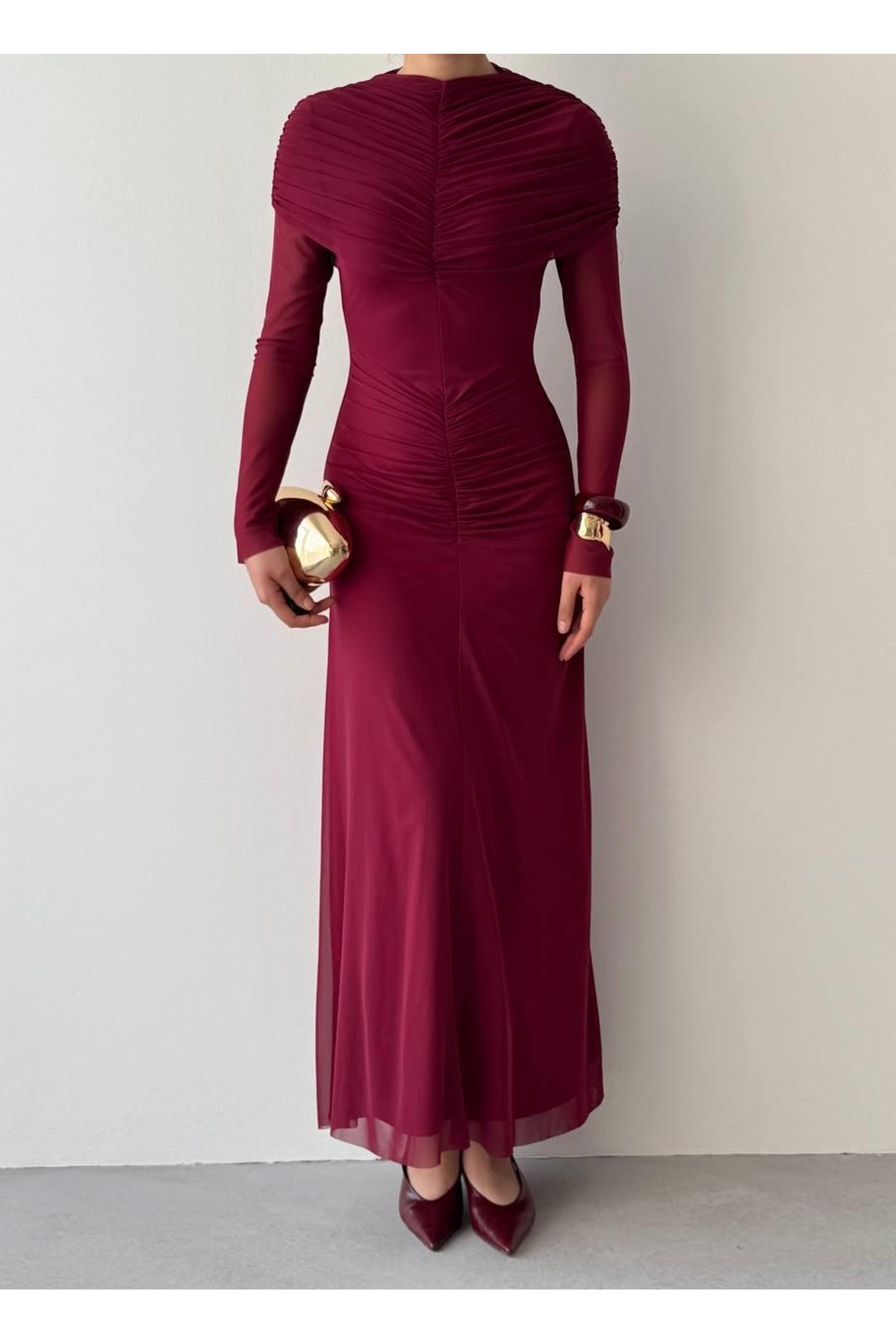 Novia Büzgülü Elbise ETK-00799-bordo