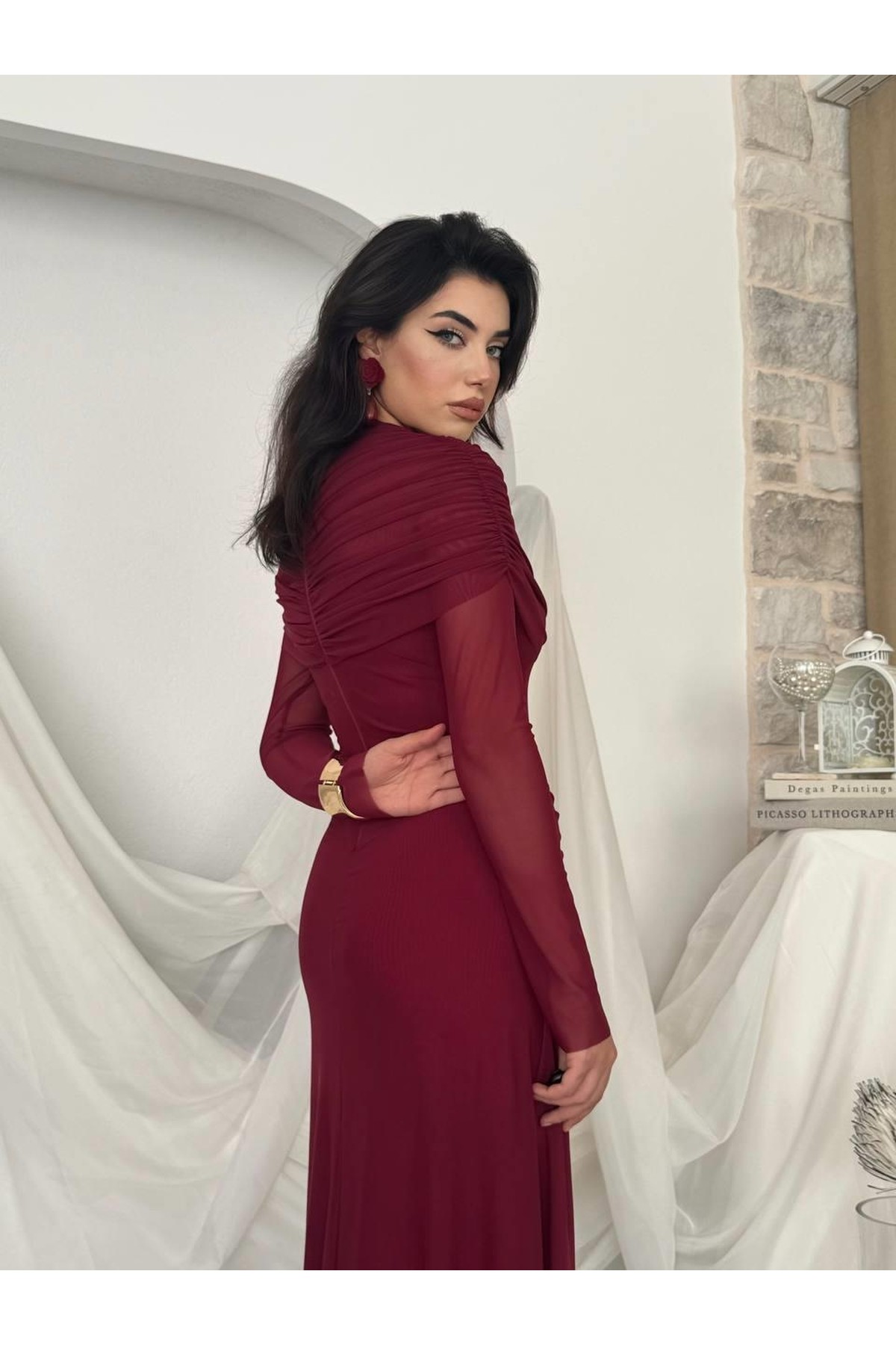 Novia Büzgülü Elbise ETK-00799-bordo