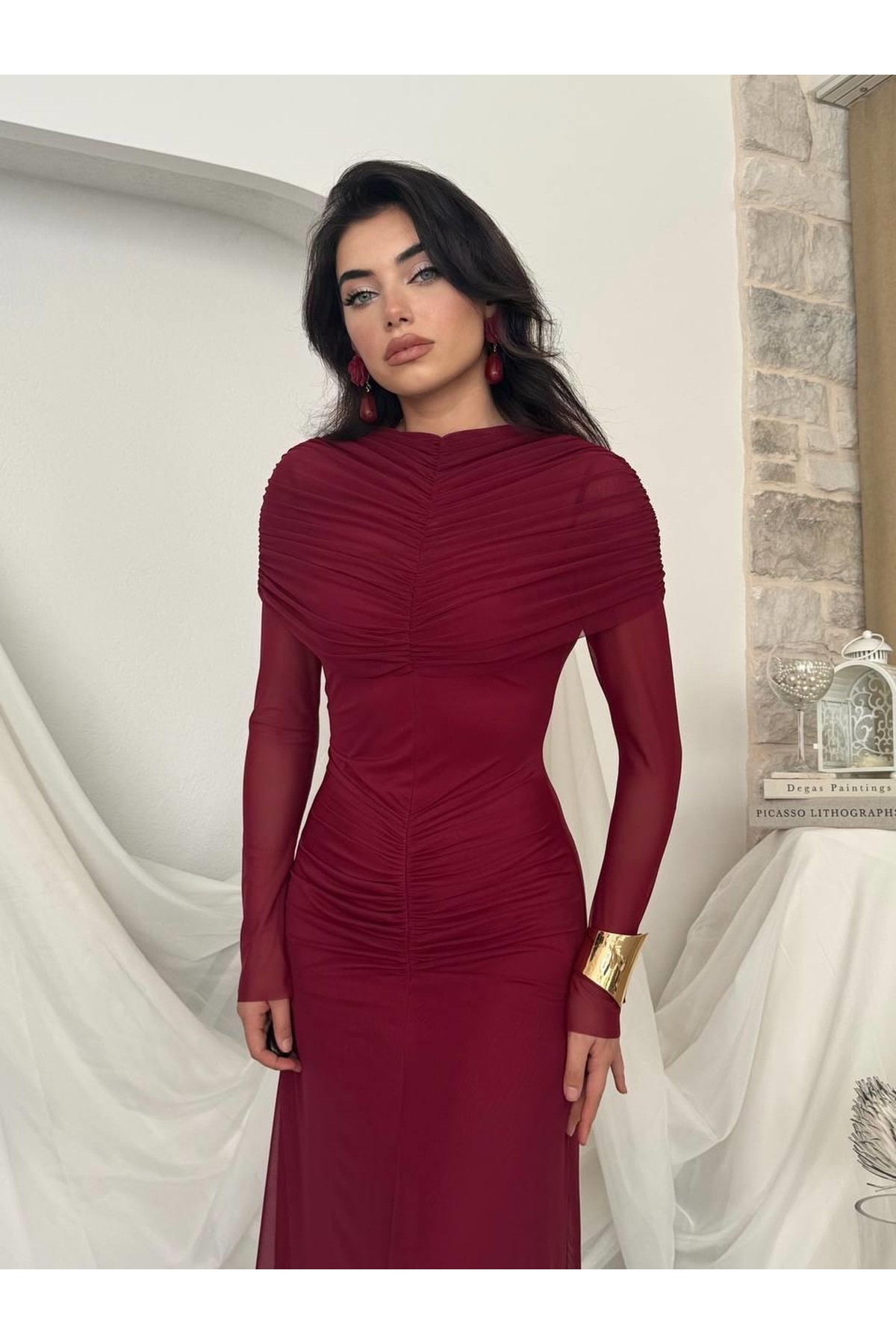 Novia Büzgülü Elbise ETK-00799-bordo