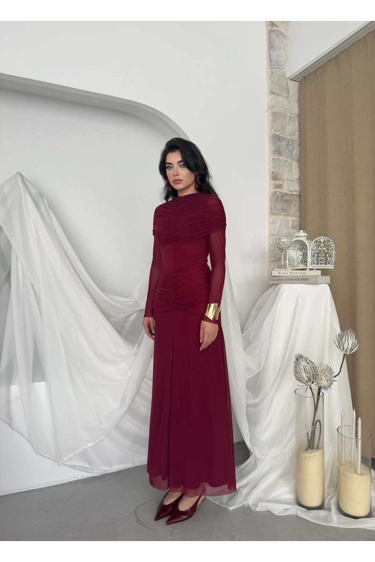 Novia Büzgülü Elbise ETK-00799-bordo