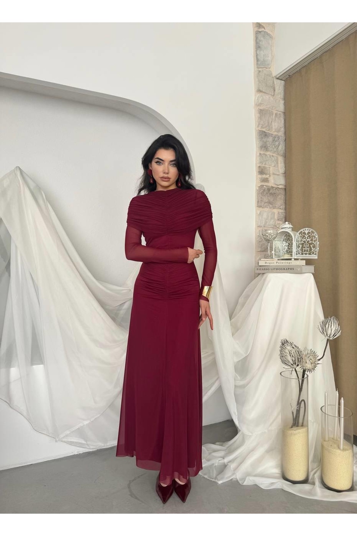 Novia Büzgülü Elbise ETK-00799-bordo