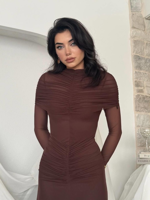 Novia Büzgülü Elbise ETK-00799-kahve