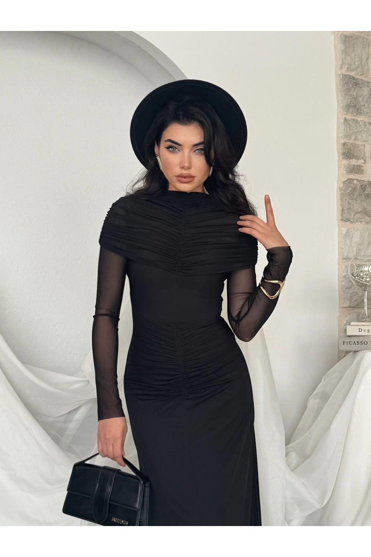 Novia Büzgülü Elbise ETK-00799-siyah