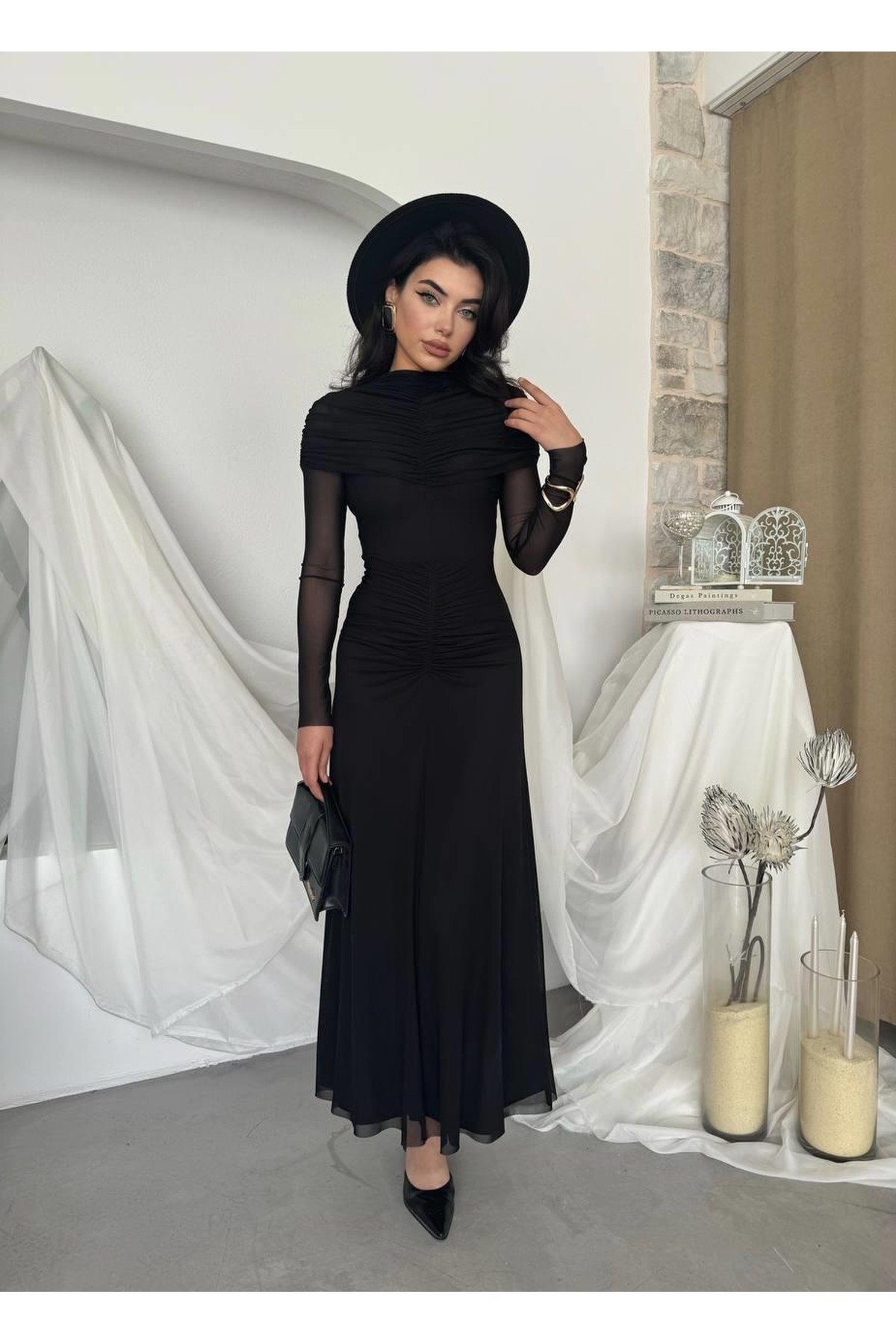 Novia Büzgülü Elbise ETK-00799-siyah