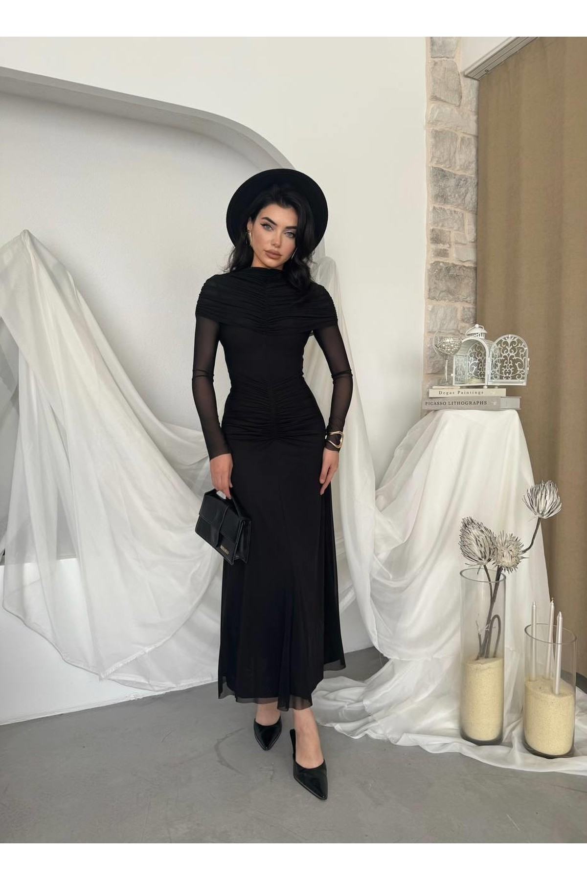 Novia Büzgülü Elbise ETK-00799-siyah