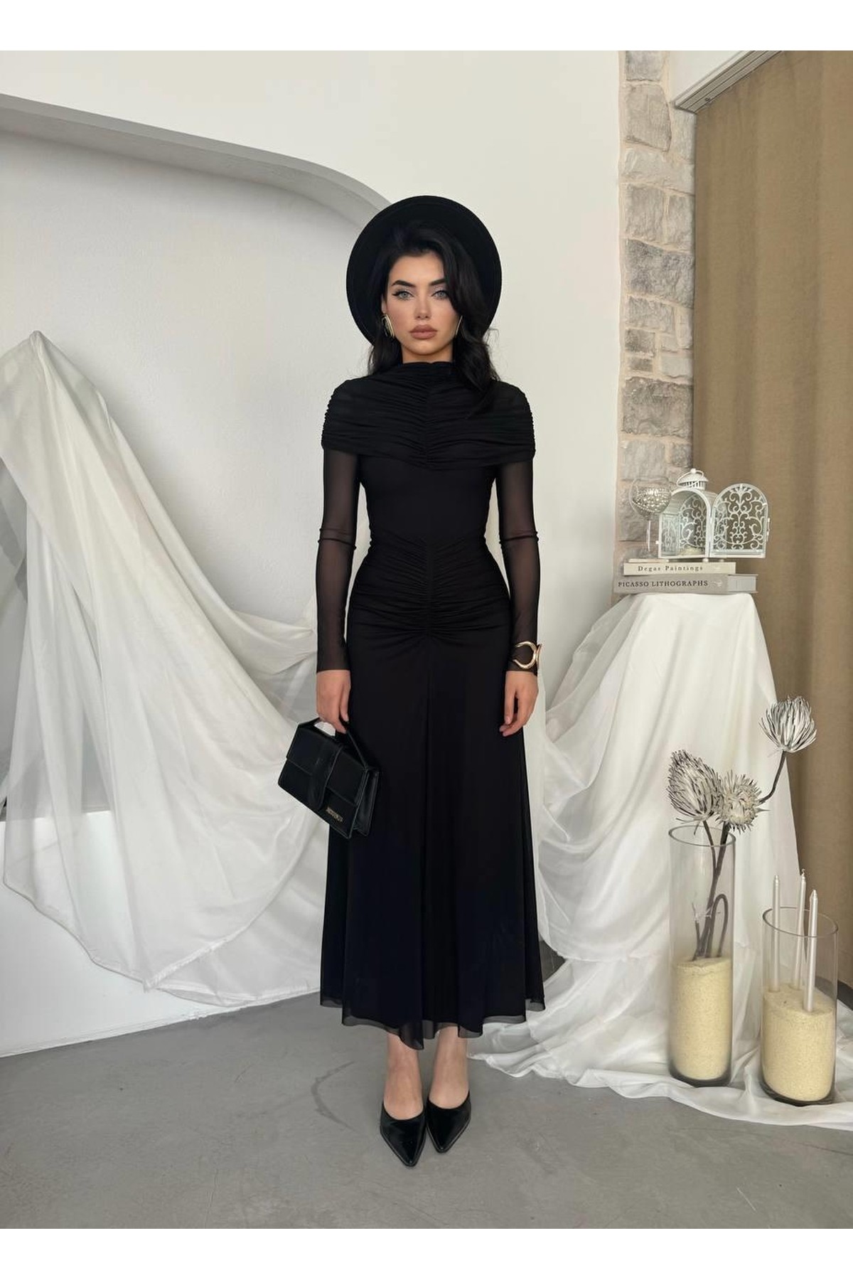 Novia Büzgülü Elbise ETK-00799-siyah