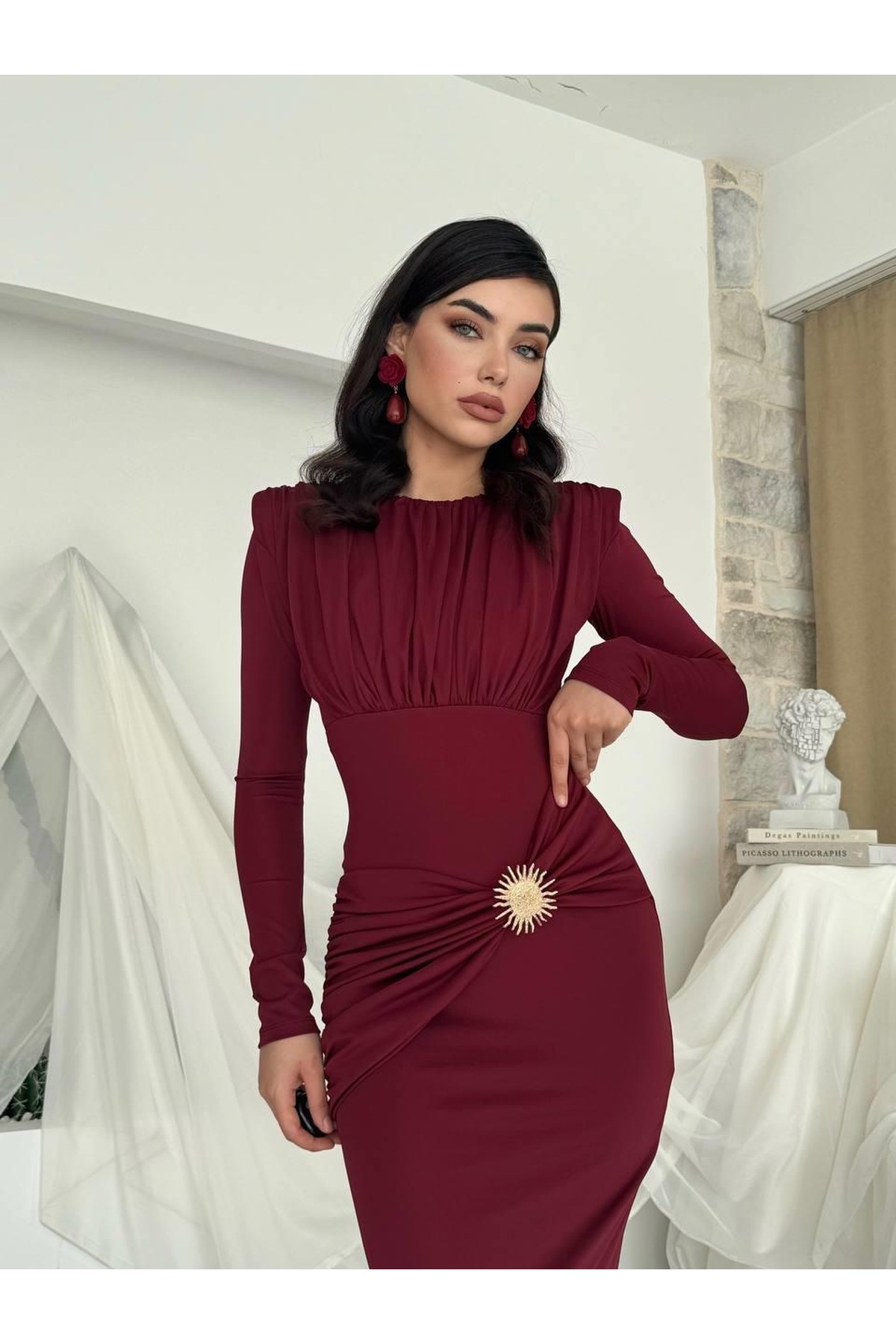 Rıva Broş Detaylı Elbise ETK-00808-bordo