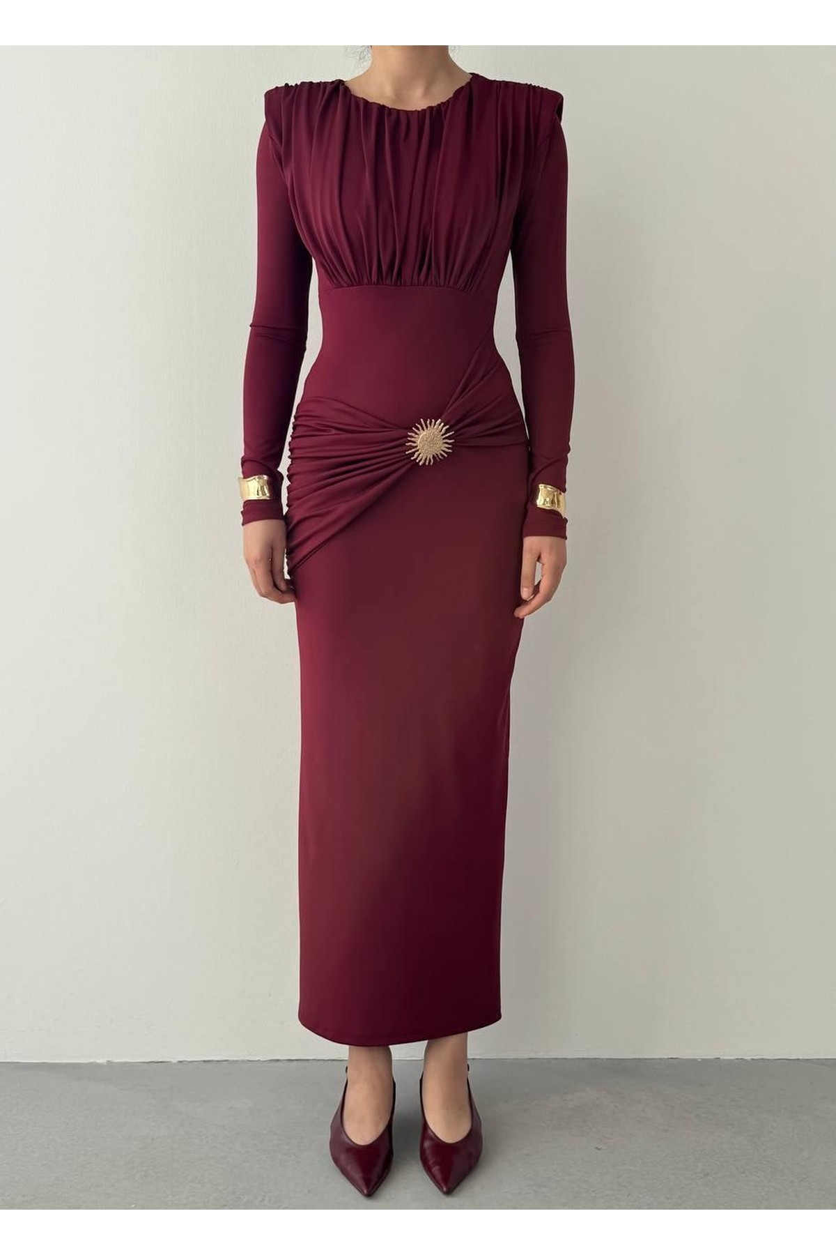 Rıva Broş Detaylı Elbise ETK-00808-bordo