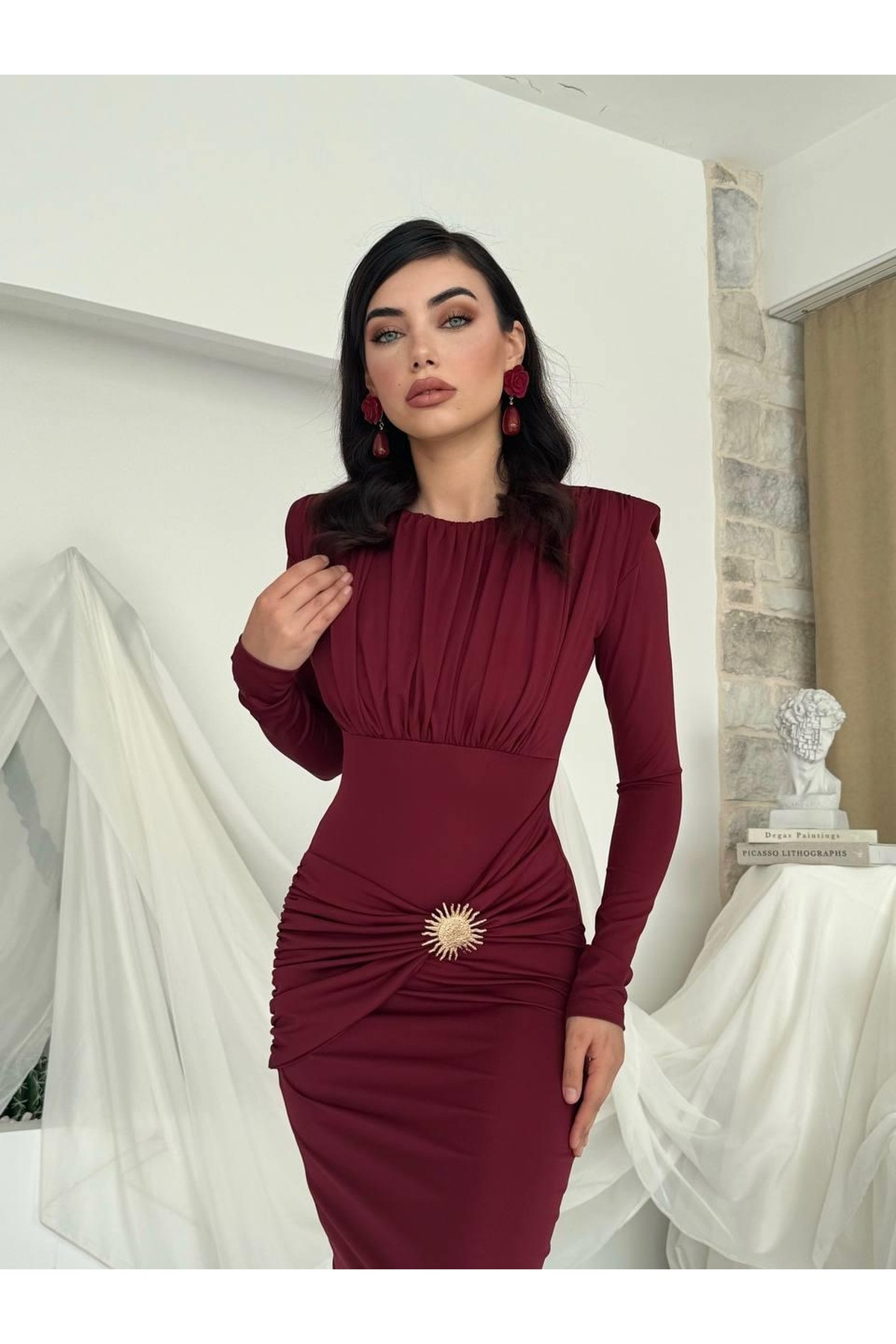 Rıva Broş Detaylı Elbise ETK-00808-bordo