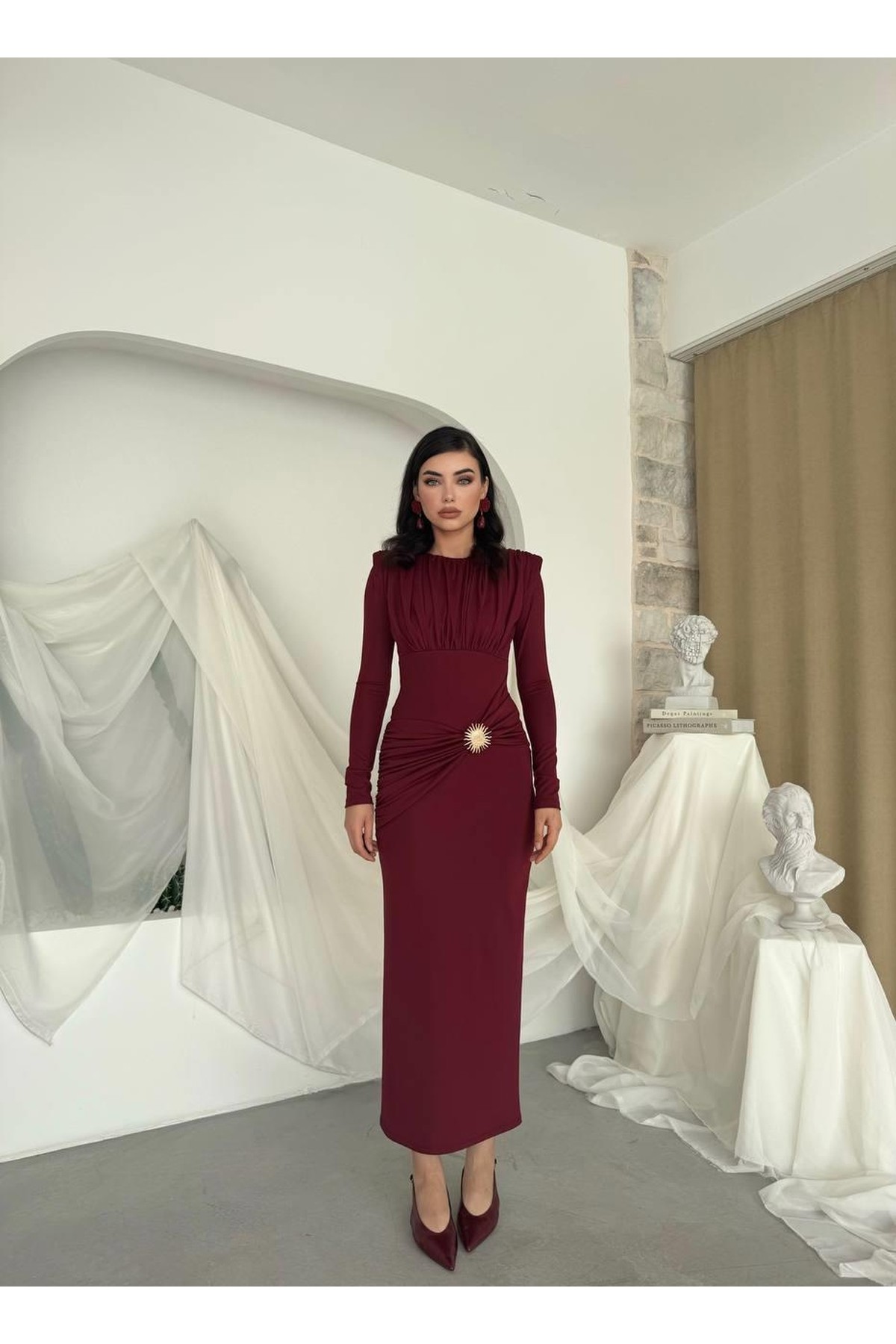 Rıva Broş Detaylı Elbise ETK-00808-bordo
