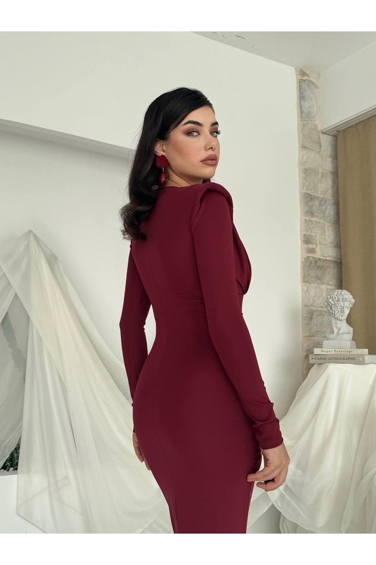 Rıva Broş Detaylı Elbise ETK-00808-bordo