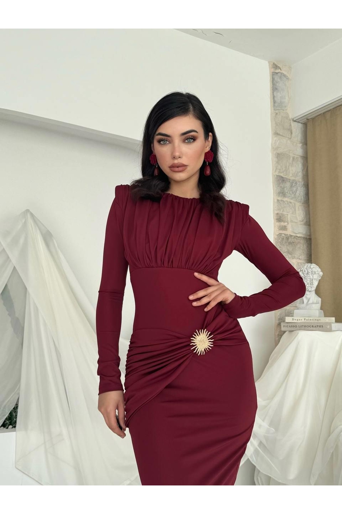 Rıva Broş Detaylı Elbise ETK-00808-bordo