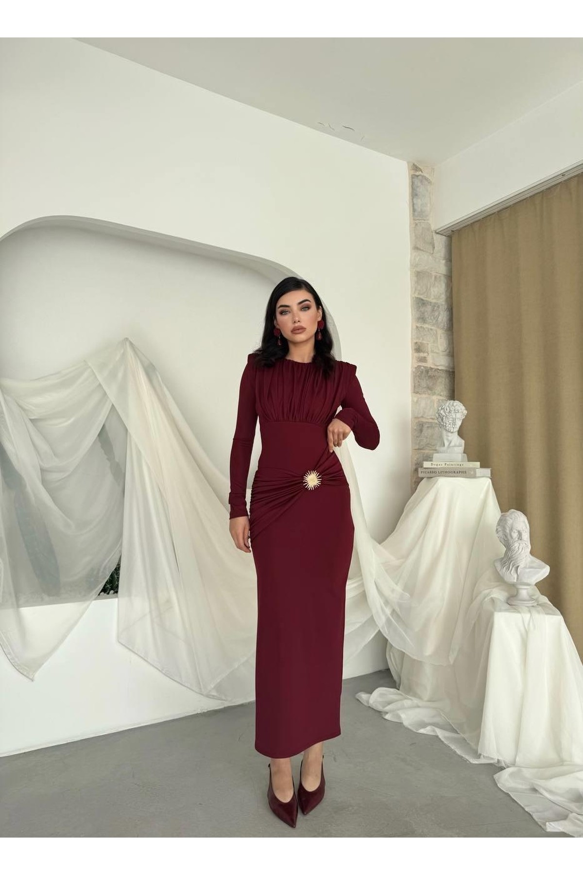 Rıva Broş Detaylı Elbise ETK-00808-bordo