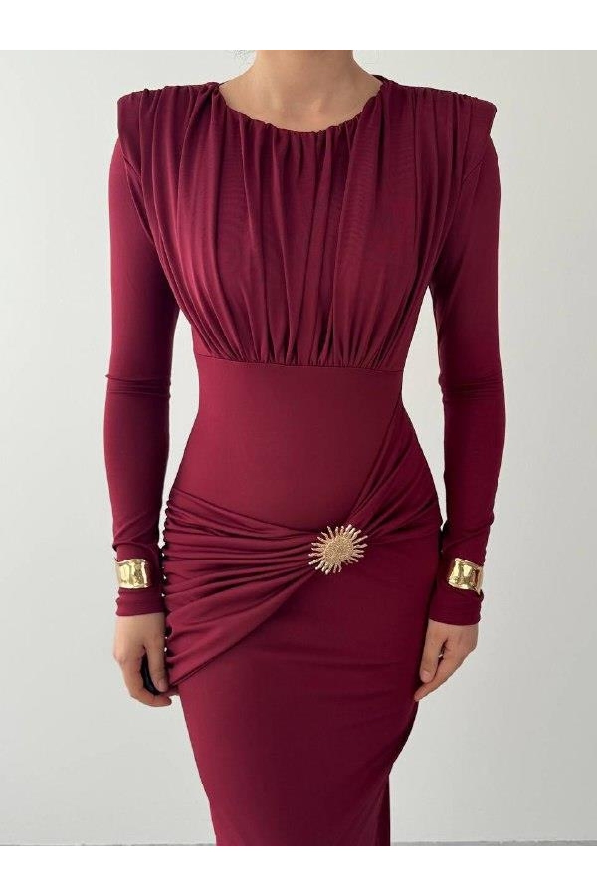 Rıva Broş Detaylı Elbise ETK-00808-bordo
