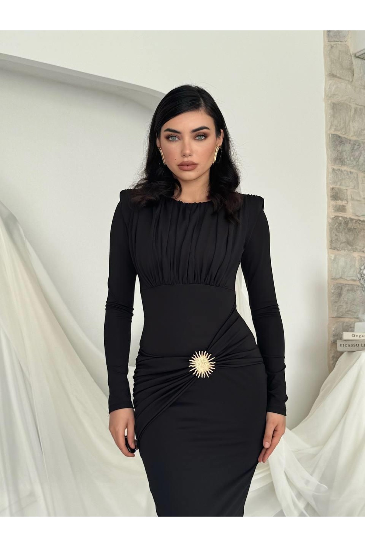 Rıva Broş Detaylı Elbise ETK-00808-siyah