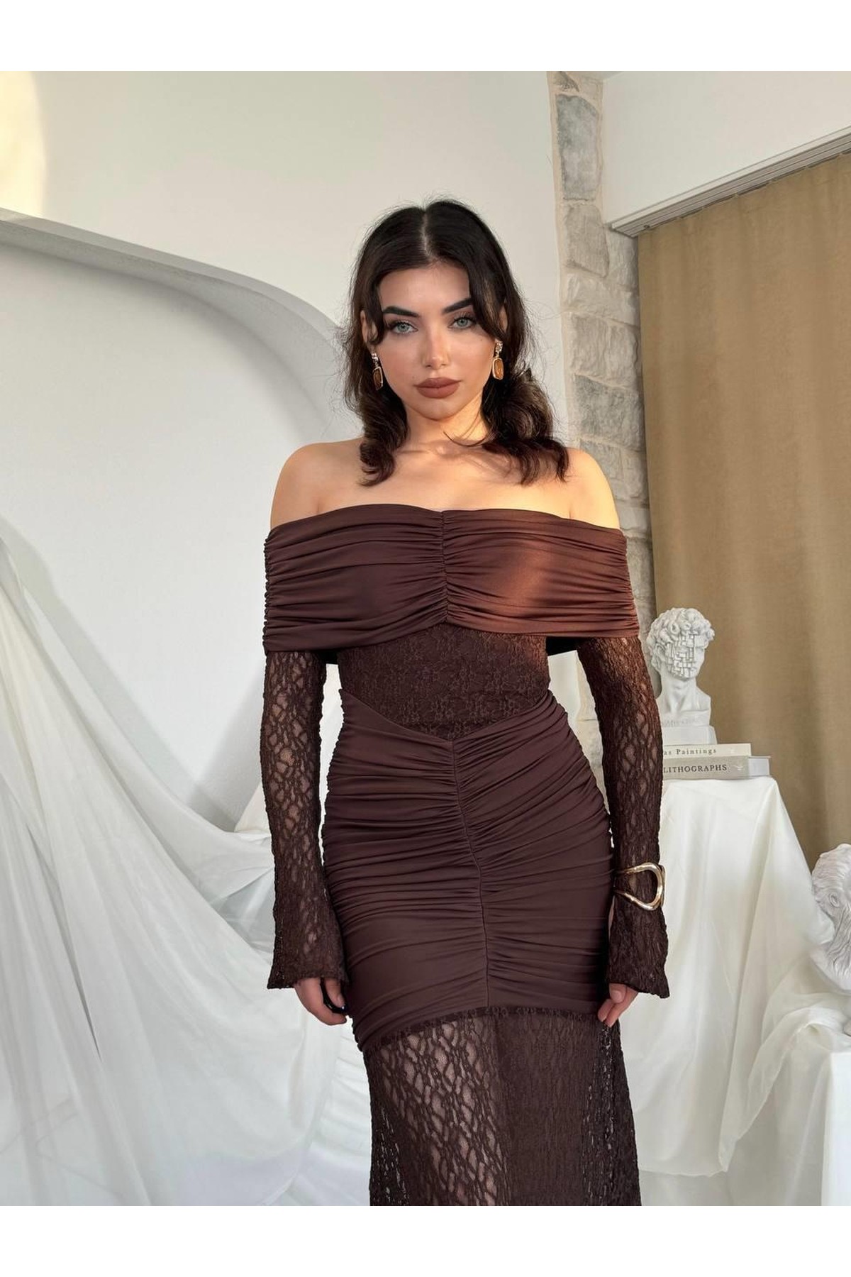 Aylen Straplez Elbise ETK-00809-kahve