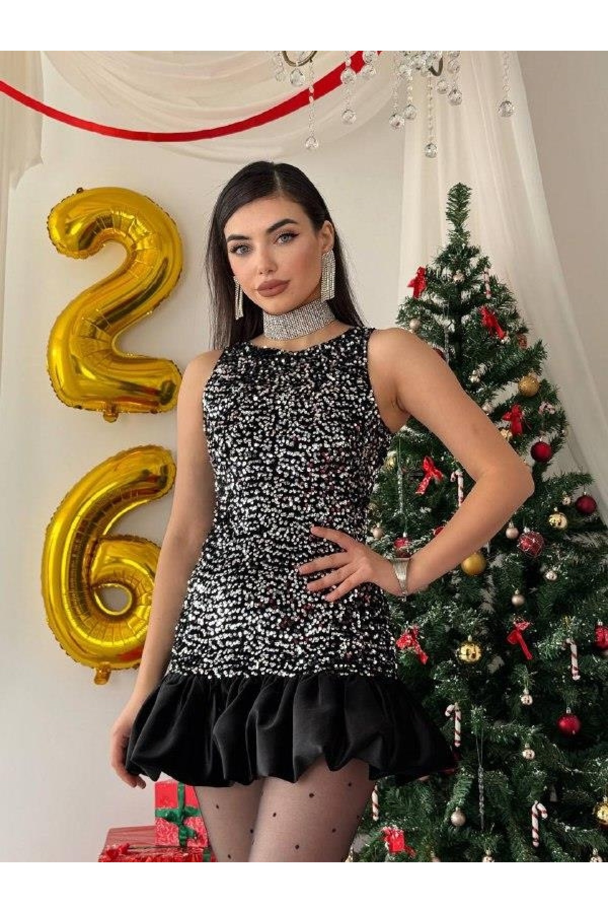 Nuvıa Pul Payet Elbise ETK-00818-siyah