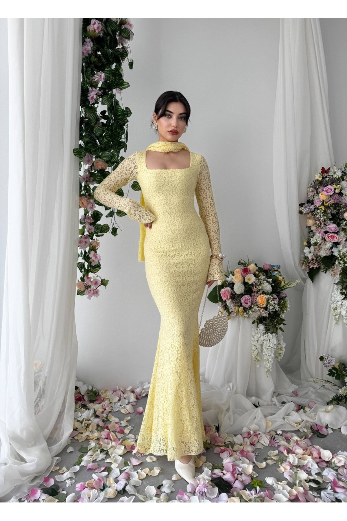 Olin Şallı Elbise ETK-00825-sari
