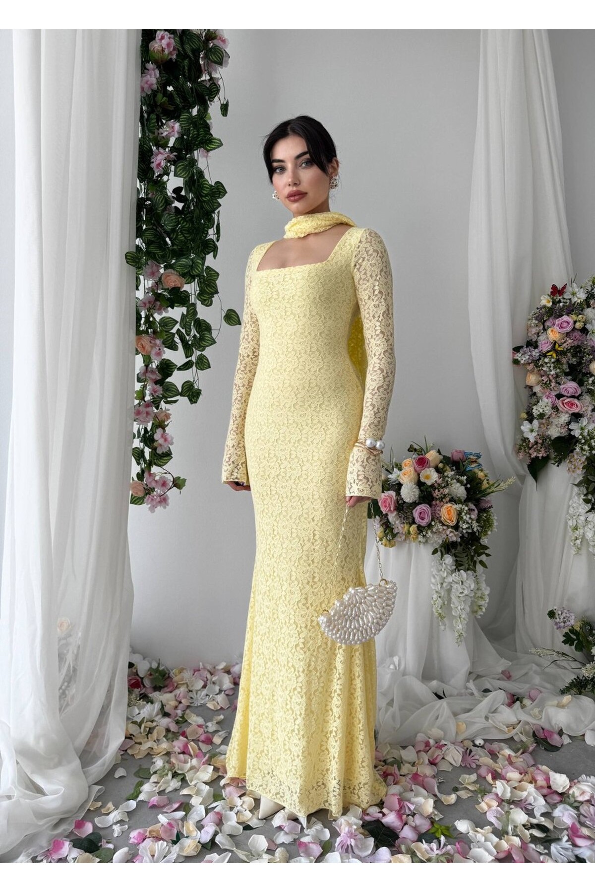 Olin Şallı Elbise ETK-00825-sari