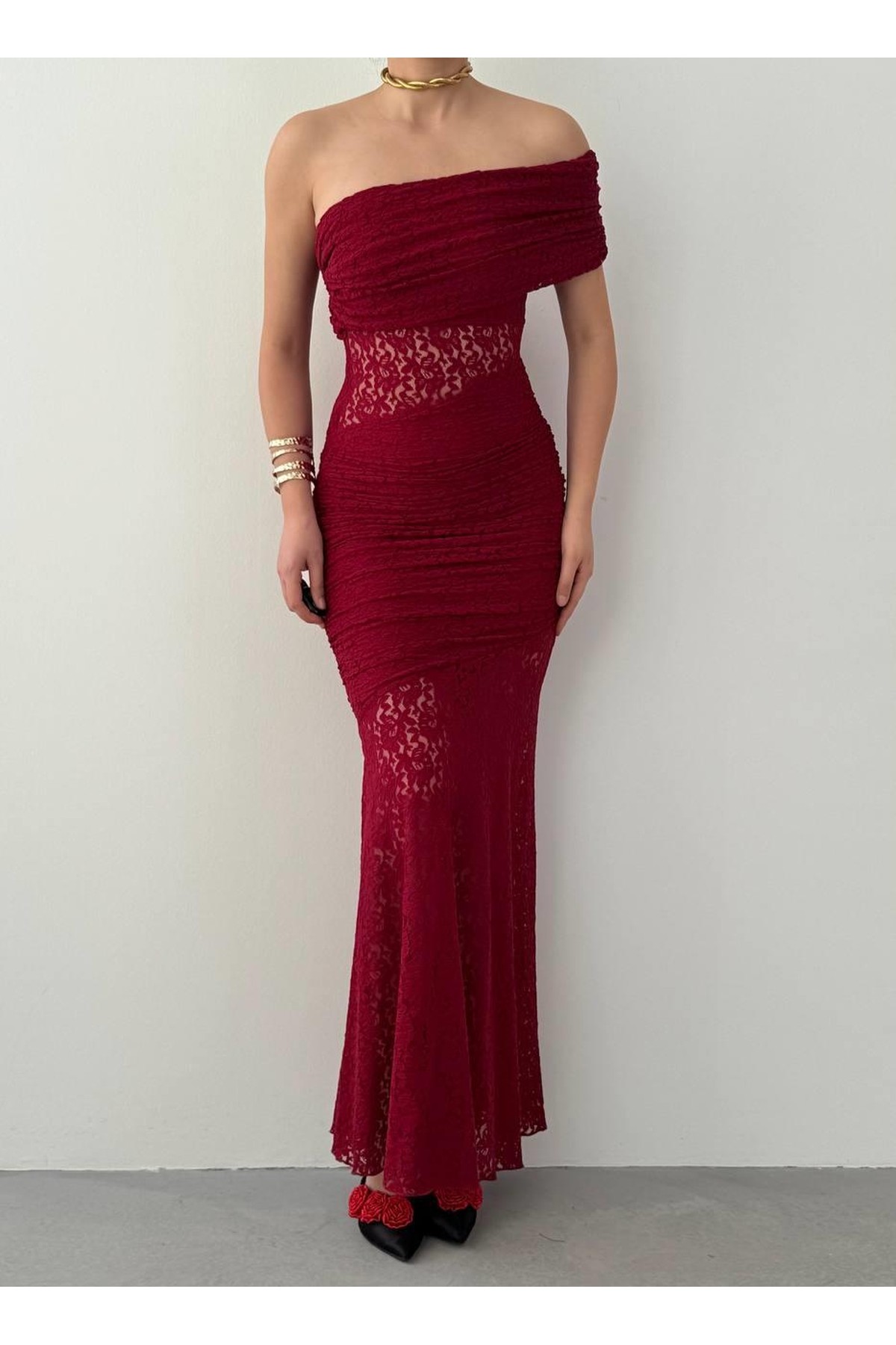 Tıva Midi Elbise ETK-00826-bordo