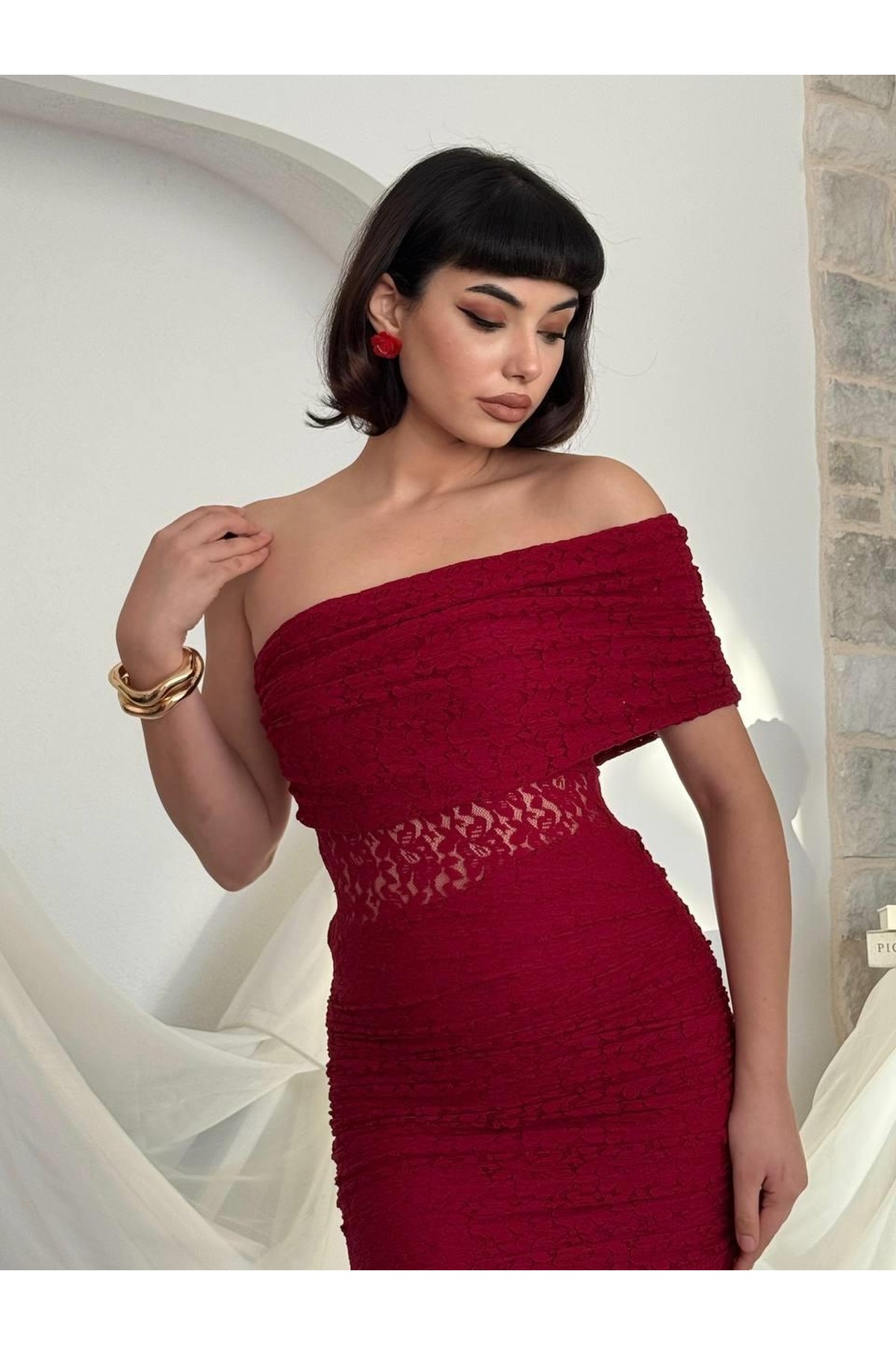 Tıva Midi Elbise ETK-00826-bordo