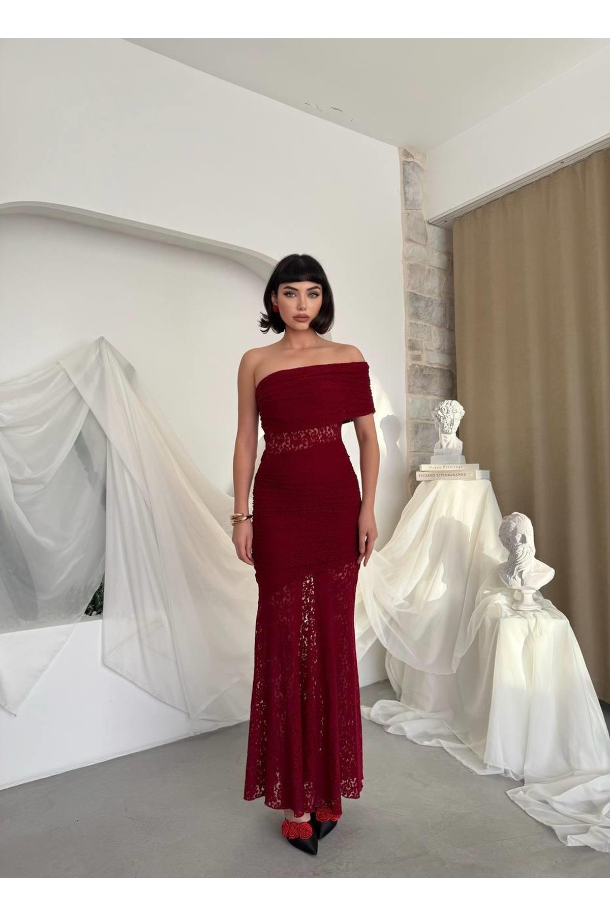 Tıva Midi Elbise ETK-00826-bordo