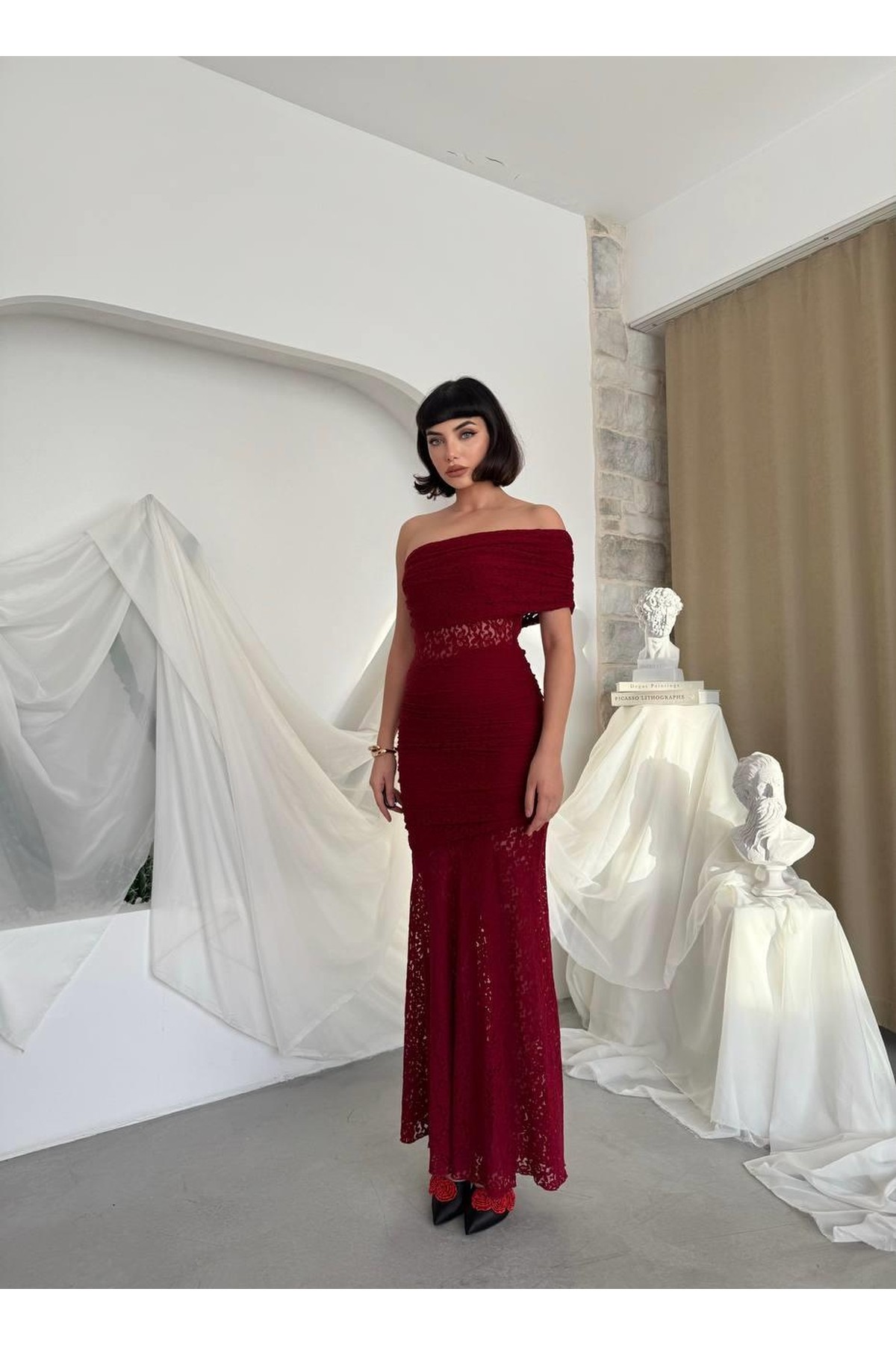 Tıva Midi Elbise ETK-00826-bordo