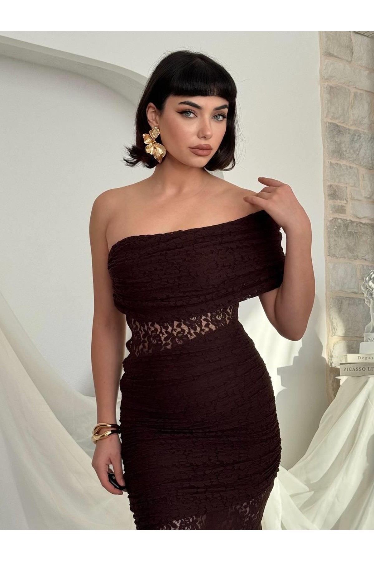 Tıva Midi Elbise ETK-00826-kahve